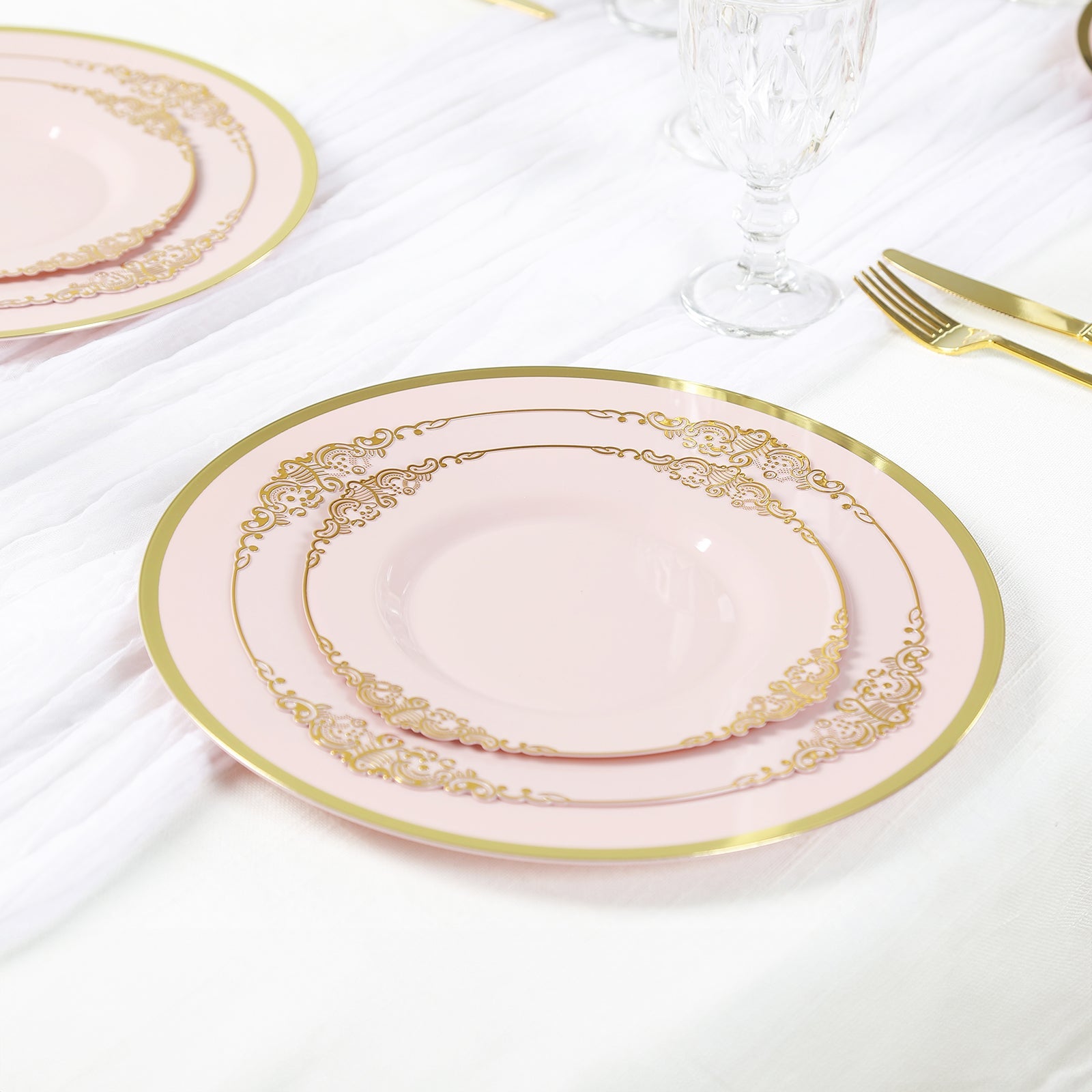 10-Pack Economy Plastic Round Charger Plates 12 in Blush with Wide Gold Rim, Decorative Dinner Party Serving Plates