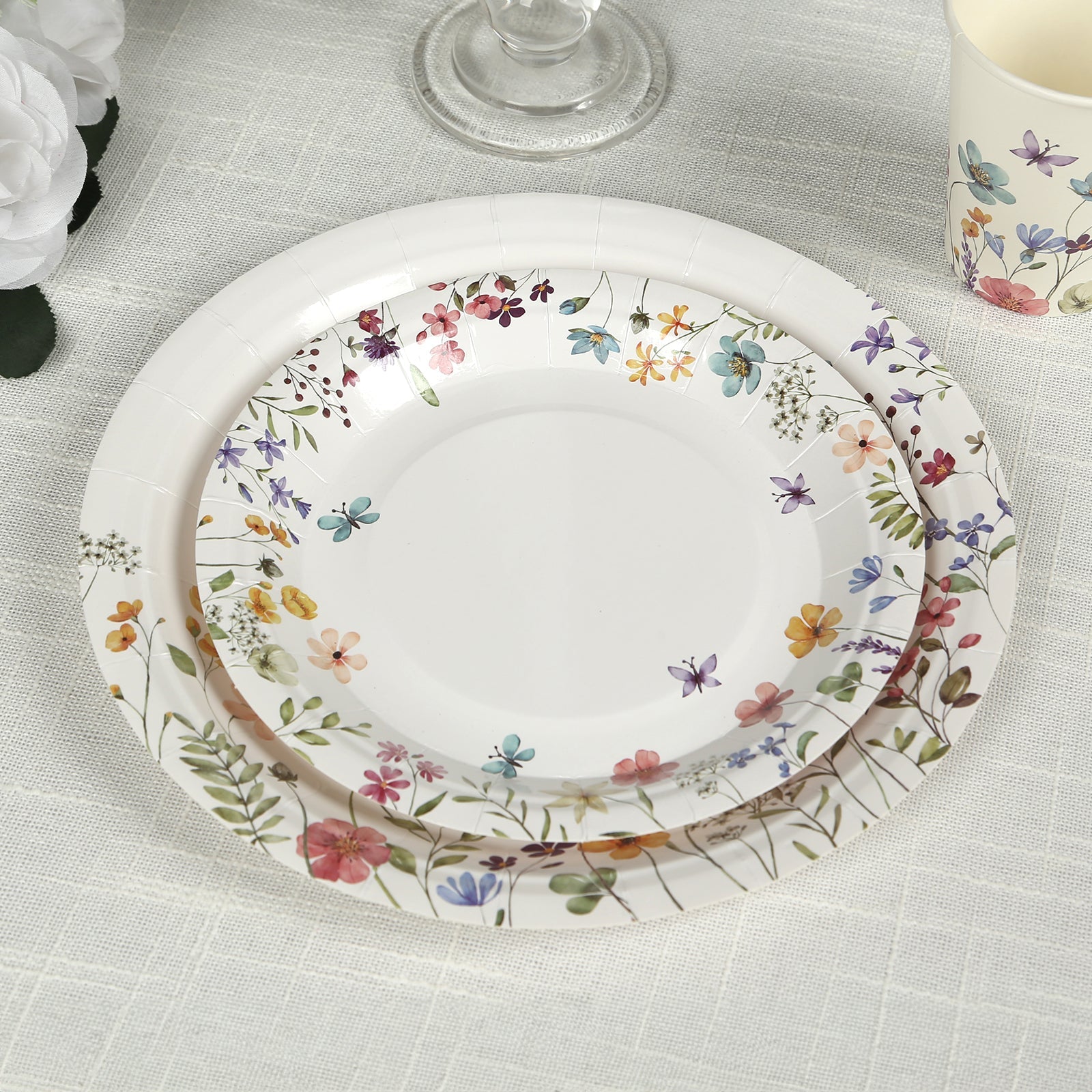 72 Pcs Paper Plates and Cups Set in White with Wildflower Butterfly Print - Disposable Party Supplies for Spring & Garden Themes