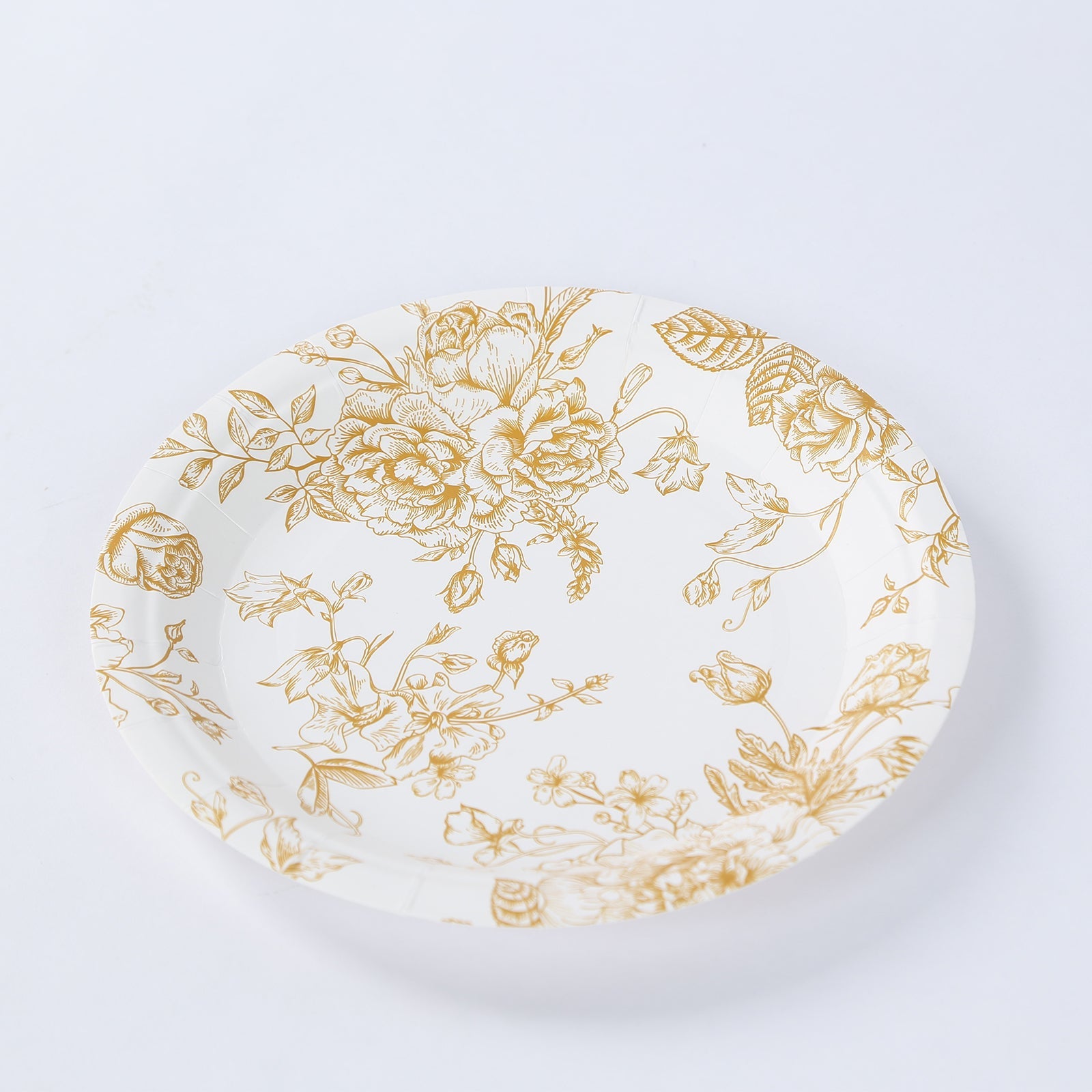 25-Pack Paper 7 Round Dessert Plates in White with Gold French Toile Pattern - Disposable Floral Salad Appetizer Plates for Chic Event Decor