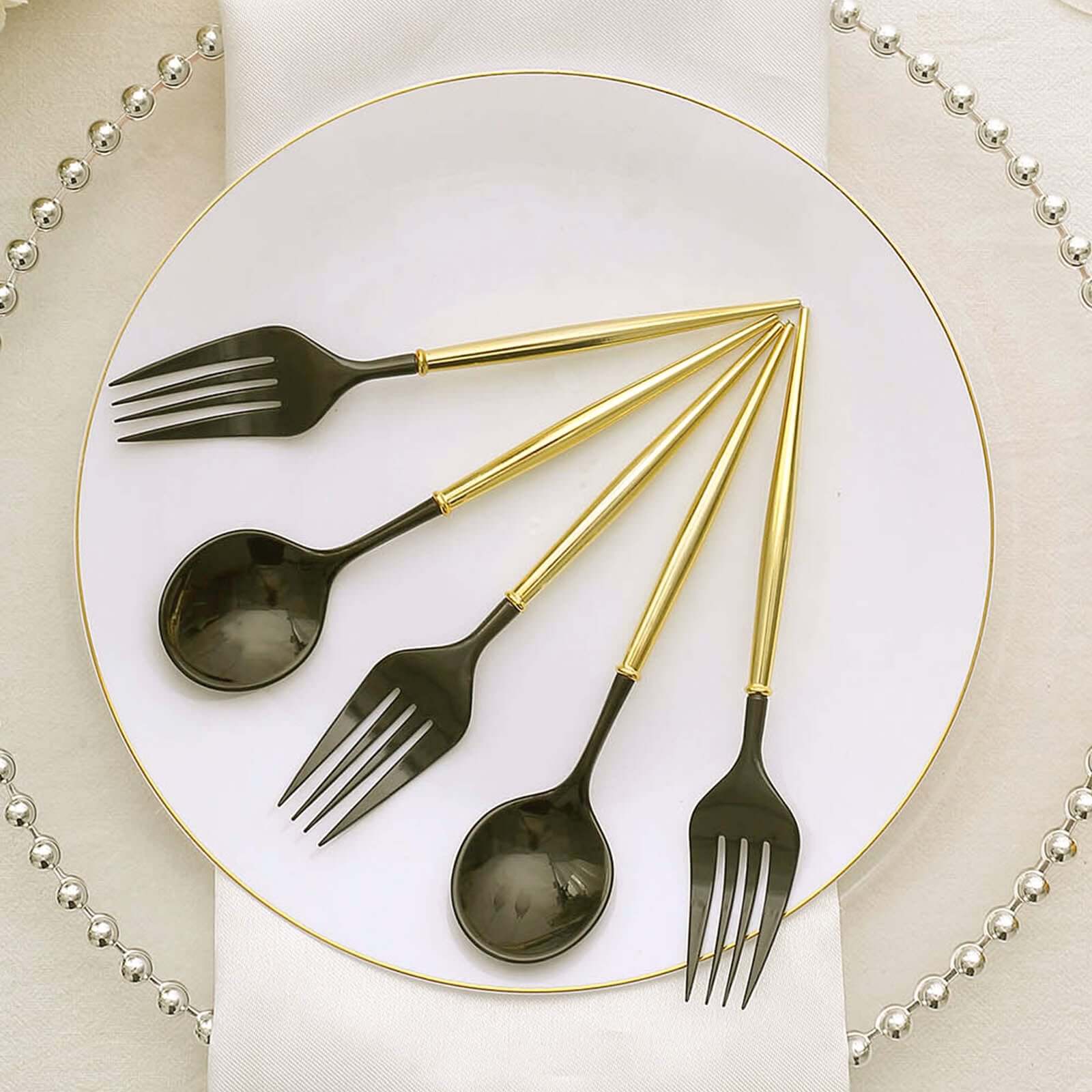 24-Pack Plastic Fork and Spoon Set Black/Gold - Heavy Duty Disposable Modern Utensils 6