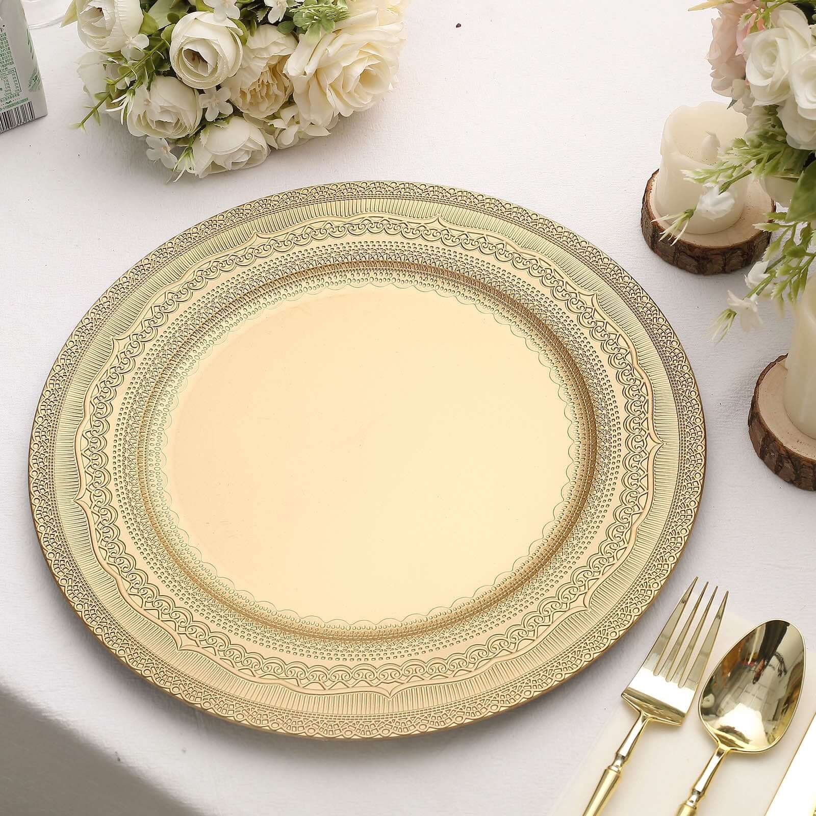 6-Pack Acrylic Round Charger Plates 13 in Gold with Lace Embossed Rim, Rustic Plastic Decorative Charger Tableware