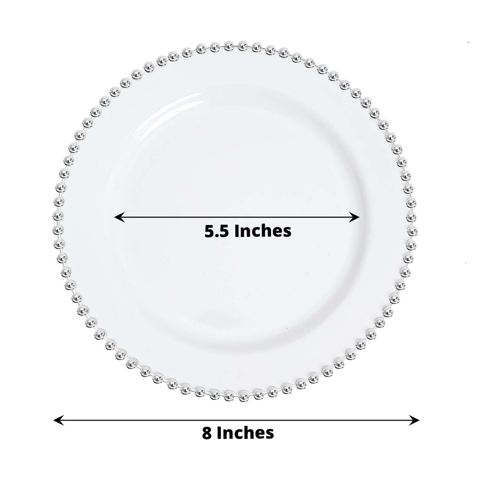 10-Pack Plastic 8 Round Appetizer Dessert Plates in White with Silver Beaded Rim - Disposable Salad Plates