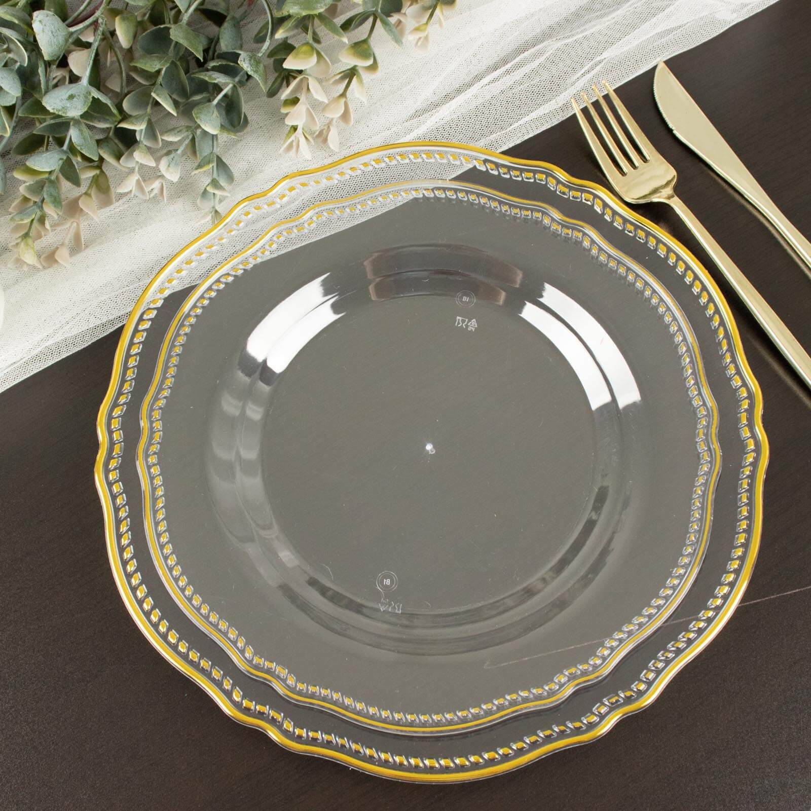 10-Pack Plastic Dinner Plates in Clear with Gold Scalloped Rim - Disposable Party Plates 9