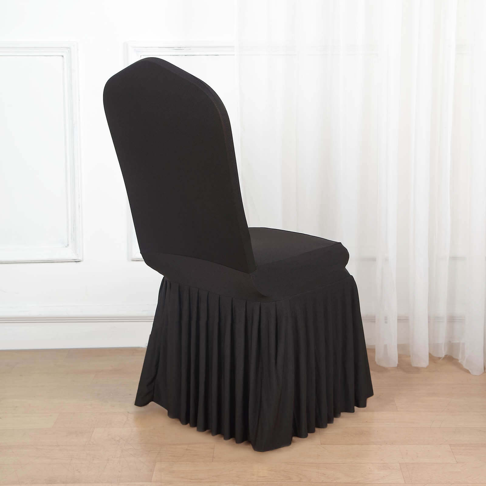 Spandex Chair Cover with Ruffle Pleated Skirt for Banquet Chairs Black - 1-Piece Stretch Fitted Slipcover