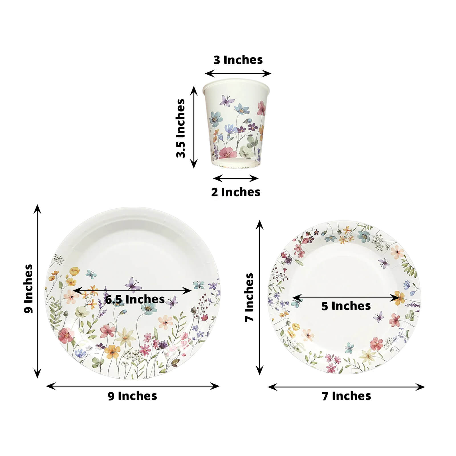 72 Pcs Paper Plates and Cups Set in White with Wildflower Butterfly Print - Disposable Party Supplies for Spring & Garden Themes