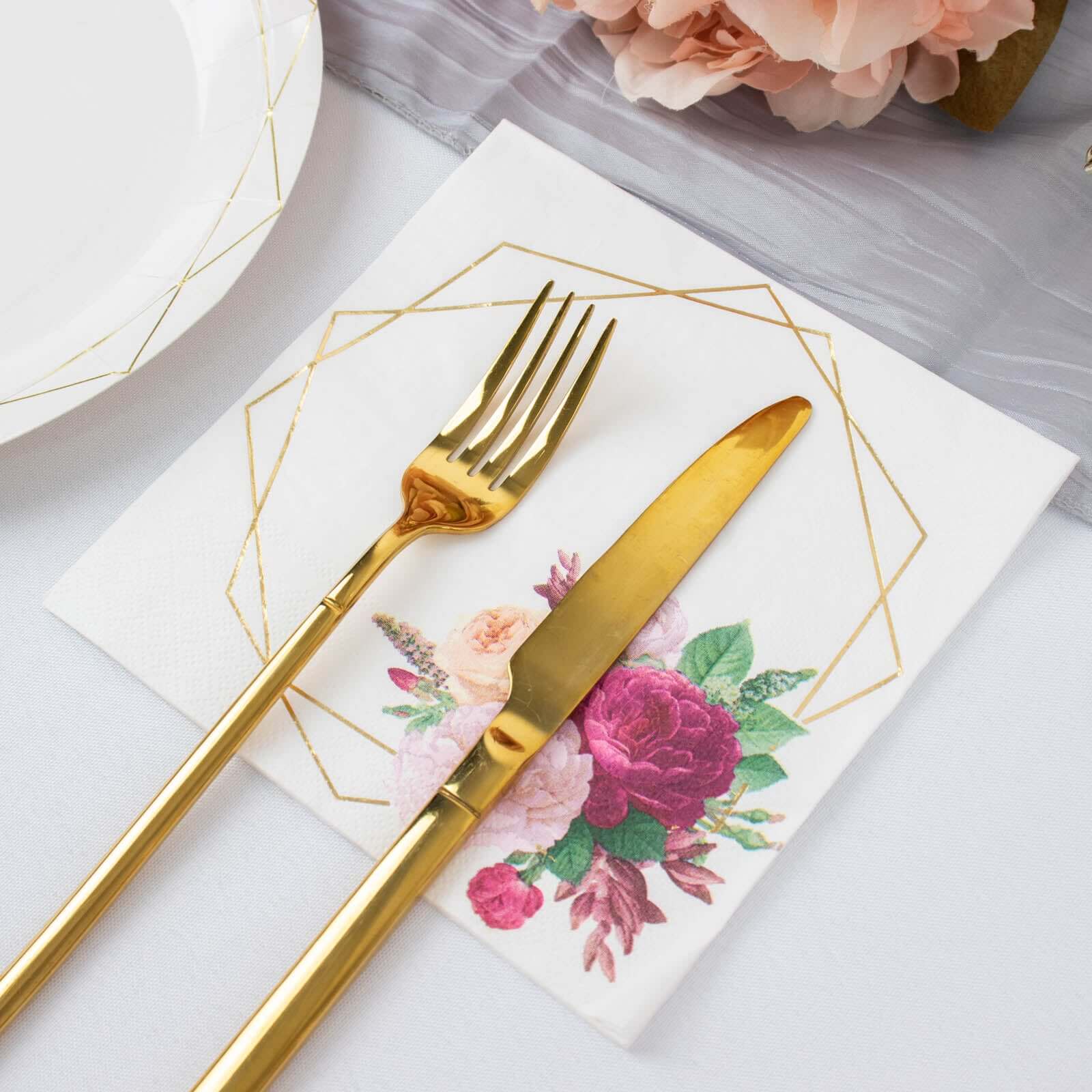 20-Pack Paper Party Napkins with Gold Hexagon Frame Floral Print White - 2 Ply Soft Disposable Beverage Napkins for Weddings 6.5x6.5