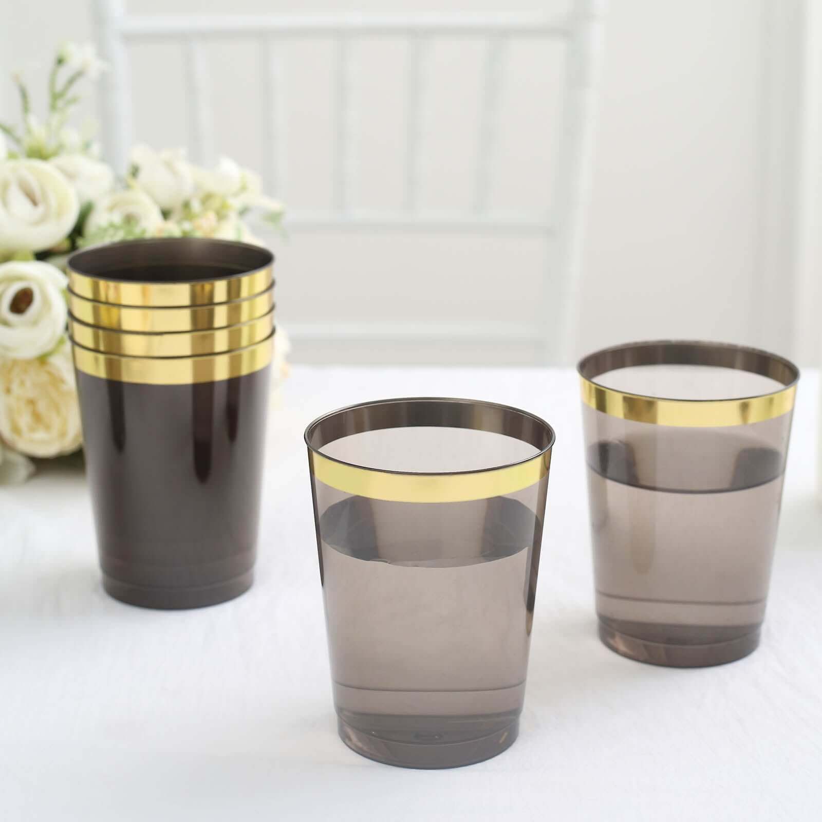 25-Pack Plastic Tumbler Cups Transparent Black with Gold Rim - Stylish Disposable Party Glasses 10oz