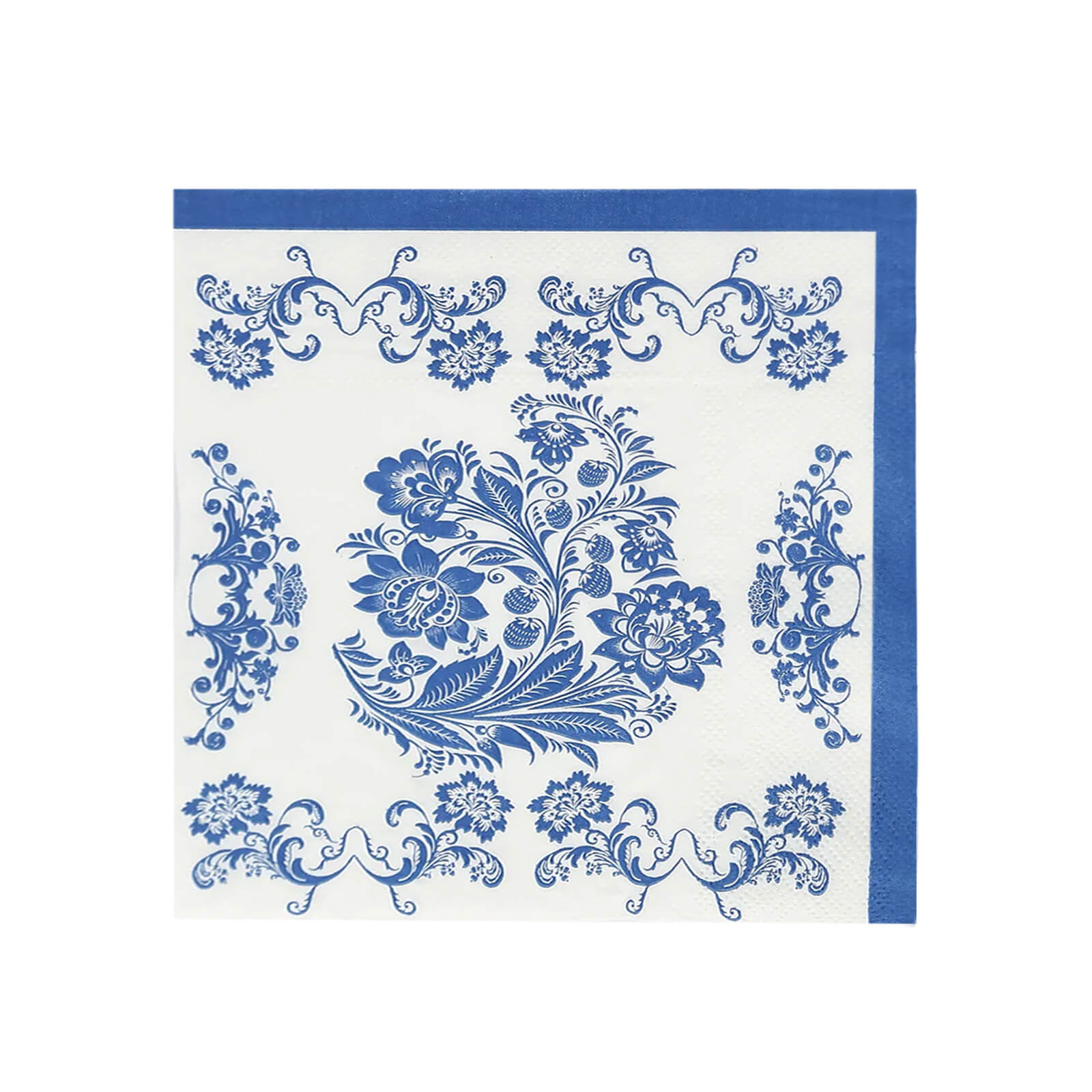 50 Pack 2-Ply Paper Beverage Napkins in White Royal Blue Damask Pattern, Disposable Cocktail Napkins - Highly Absorbent & Soft