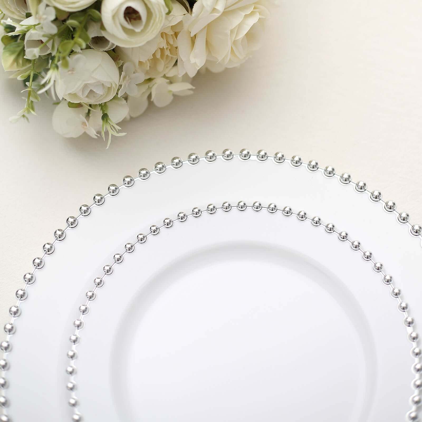 10-Pack Plastic 10 Round Dinner Plates in White with Silver Beaded Rim - Disposable Party Plates