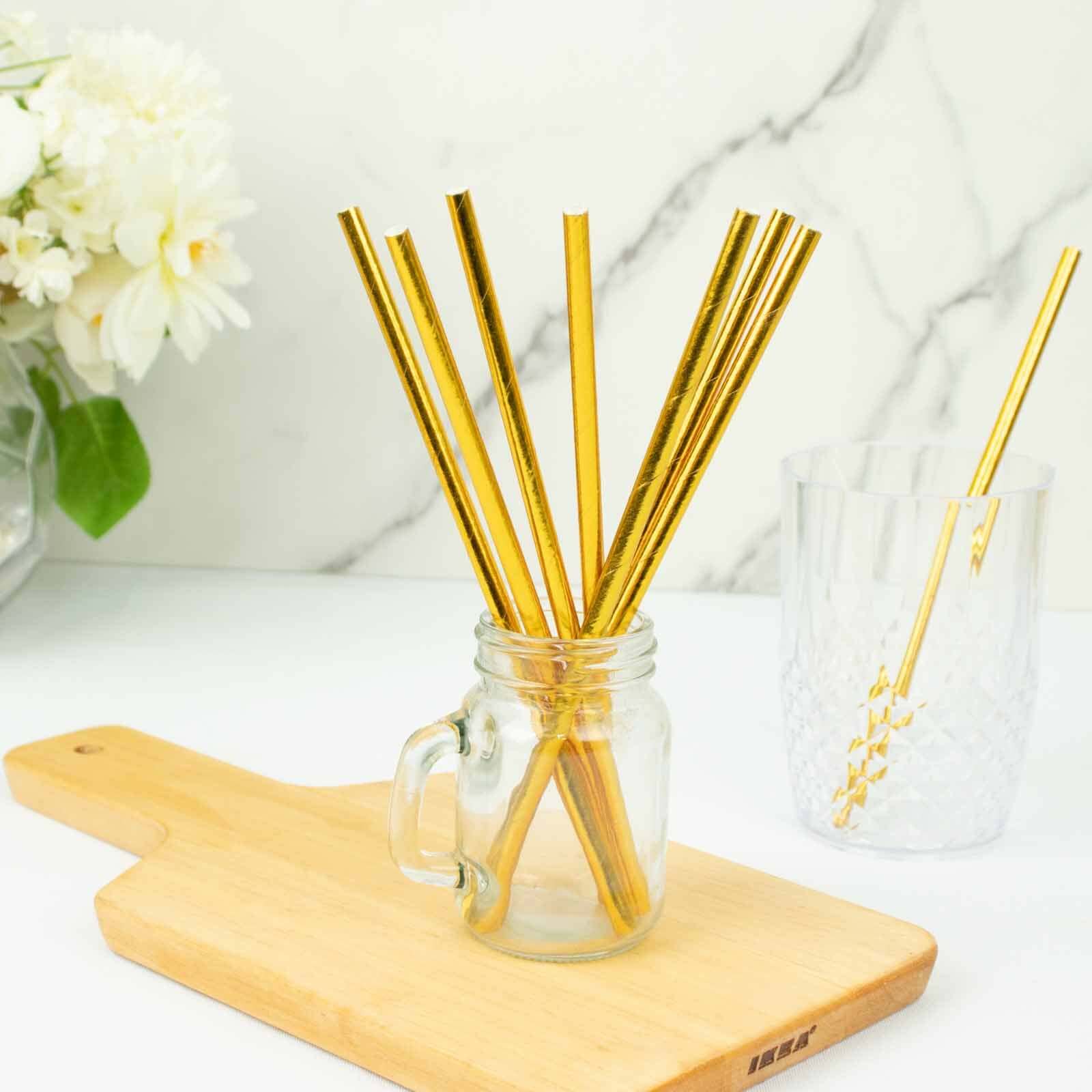 50-Pack Paper Drinking Straws Metallic Gold Foil Food Grade - Disposable Biodegradable Straws for Events 8