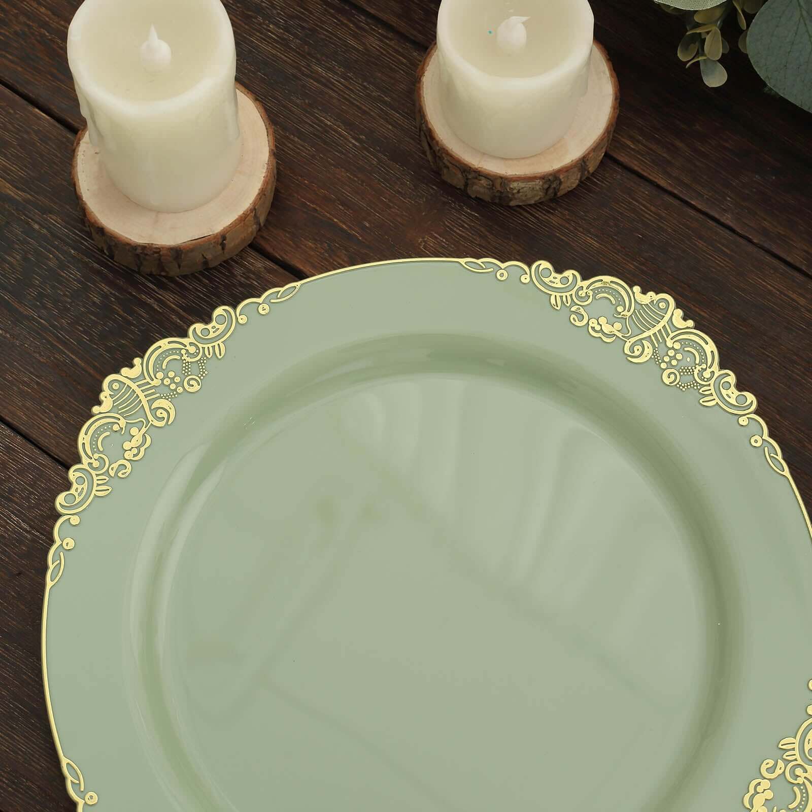 10-Pack Plastic 10 Round Dinner Plates in Sage Green with Gold Leaf Embossed Rim - Disposable Vintage Baroque Style Plates