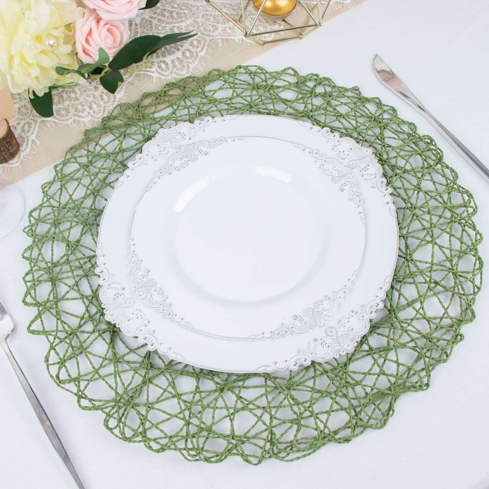 6-Pack Table Placemats Woven Fiber Design Olive Green Round - Disposable Mats for Dining and Events 15