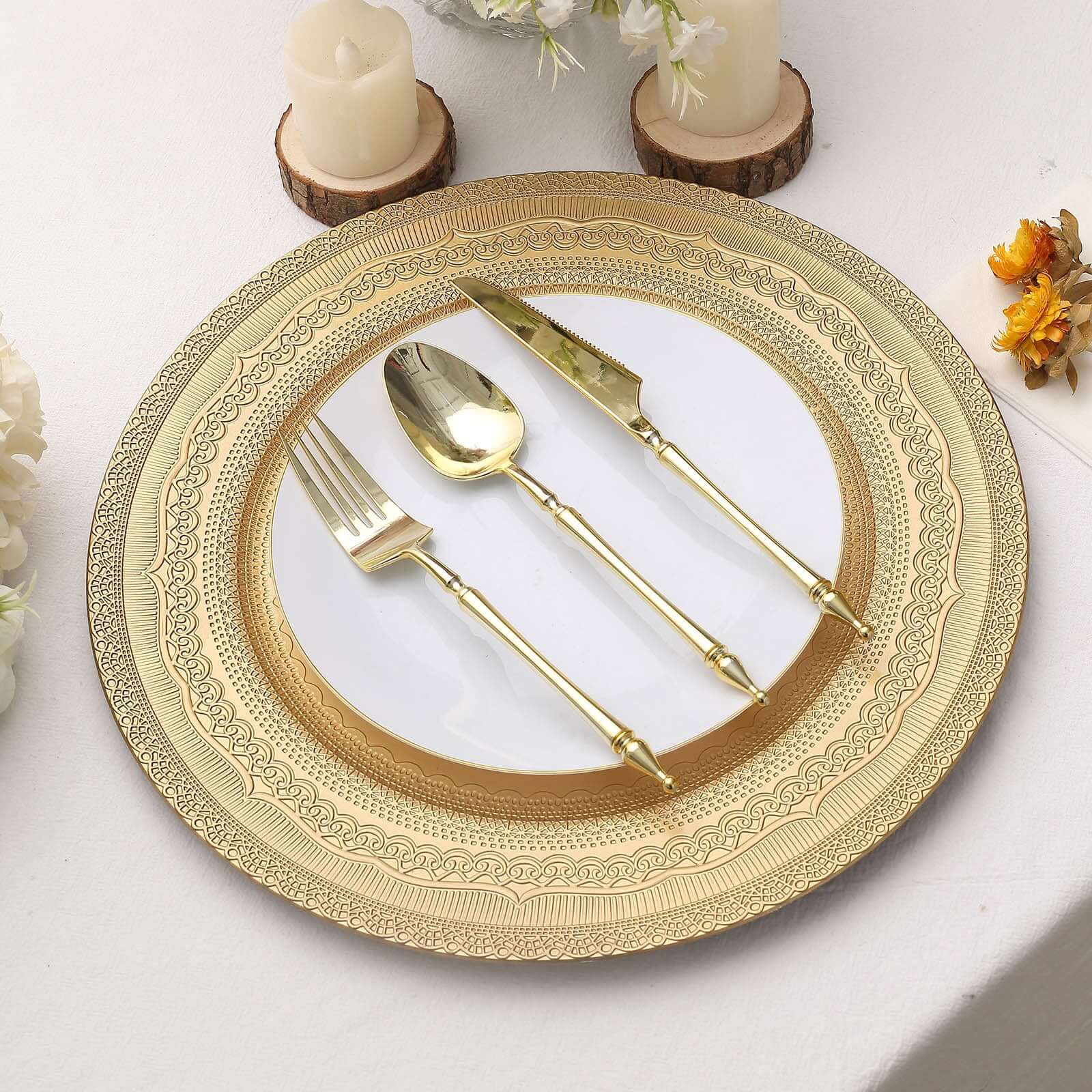 6-Pack Acrylic Round Charger Plates 13 in Gold with Lace Embossed Rim, Rustic Plastic Decorative Charger Tableware