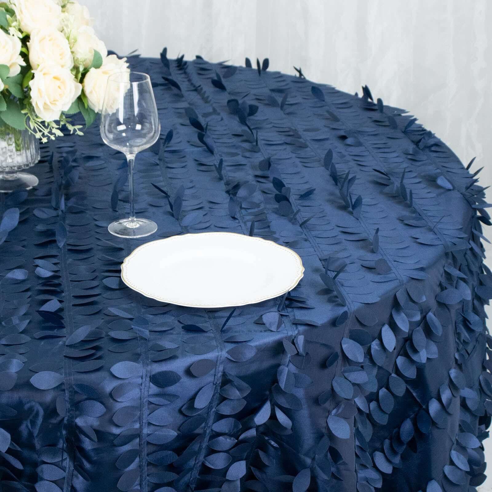 Taffeta 132 Round Tablecloth Navy Blue | 3D Leaf Petal Design Seamless Table Cover