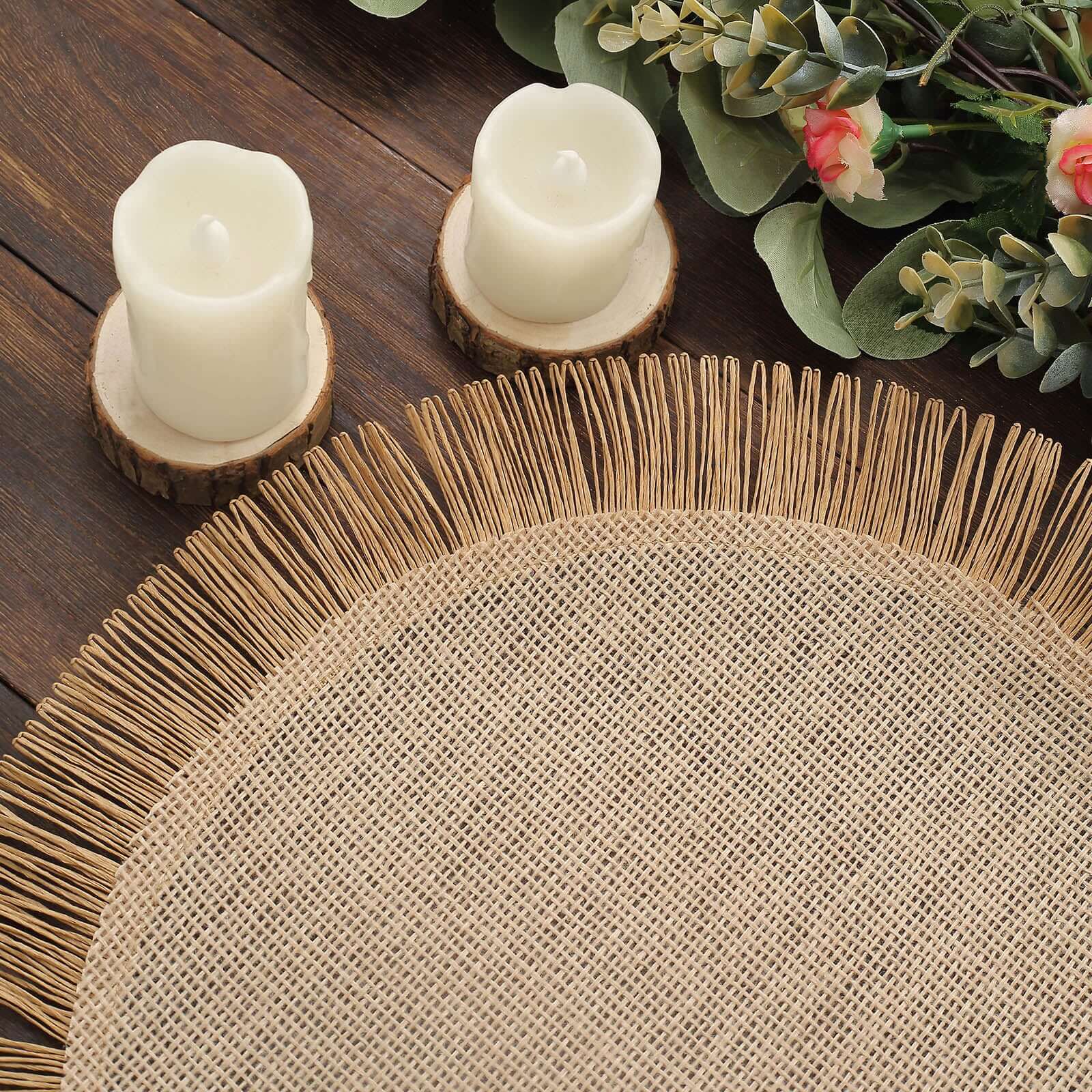 4-Pack Placemats Fringe Edge Design Natural Jute Round - Rustic Boho Chic Burlap Table Decor 16