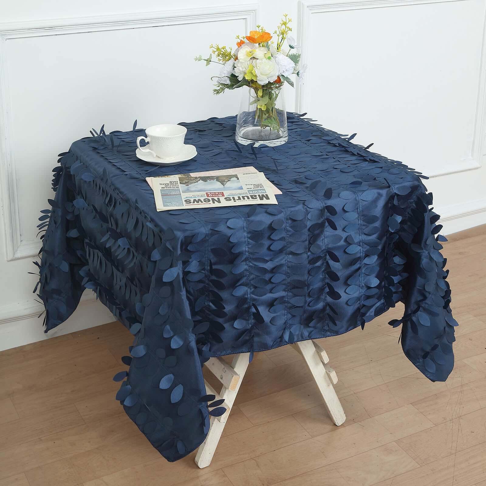 Taffeta 54x54 Square Tablecloth Navy Blue 3D Leaf Petal Table Cover