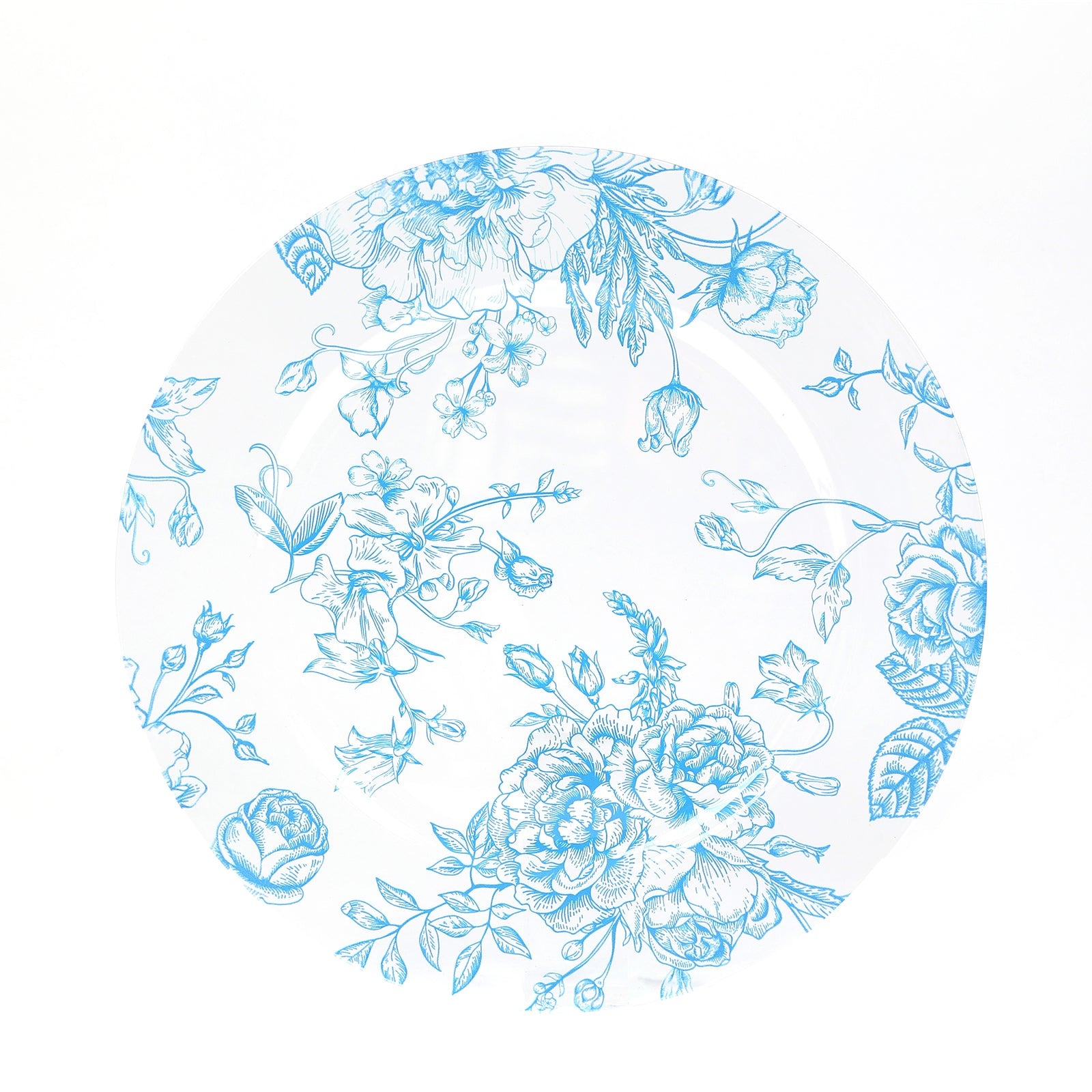 6 Pack Round Floral Acrylic Charger Plates in French Toile Pattern, 13 Clear Light Blue Dinner Charger Event Tabletop Decor