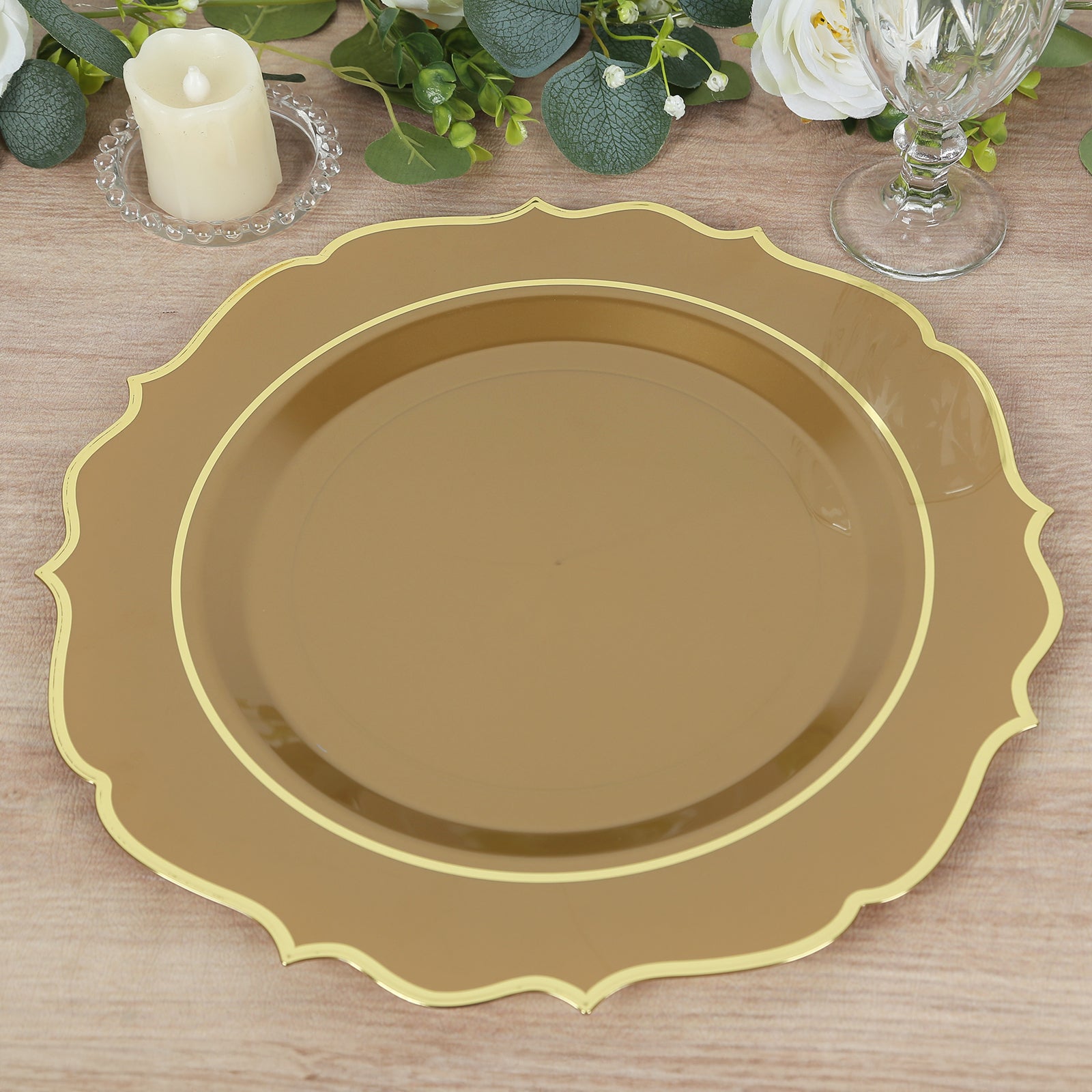 10-Pack Economy Plastic Round Charger Plates 13 in Gold with Scalloped Rim, Decorative Dinner Party Serving Plates