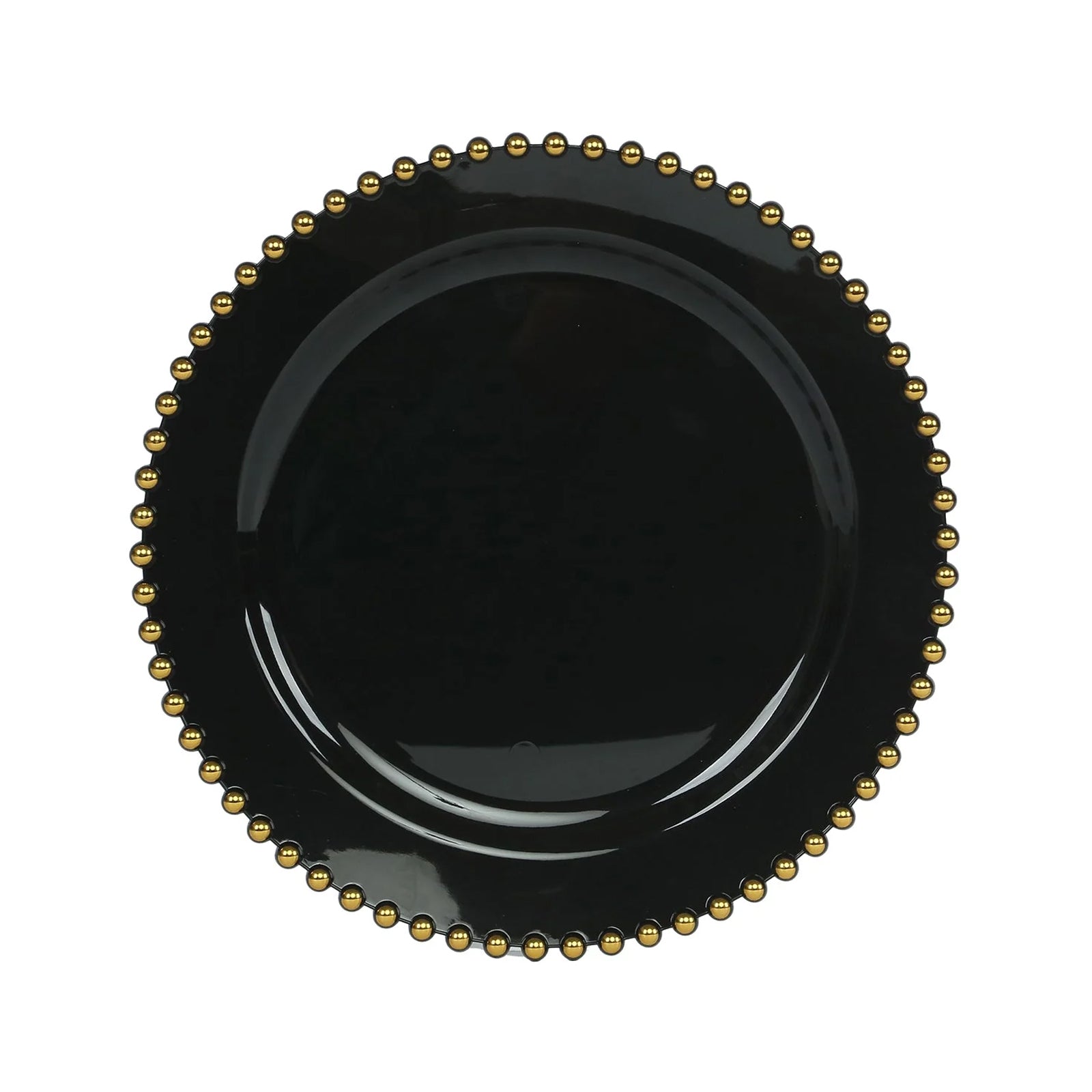 10-Pack Plastic 10 Round Dinner Plates in Black with Gold Beaded Rim - Disposable Party Plates for Banquets & Festive Occasions