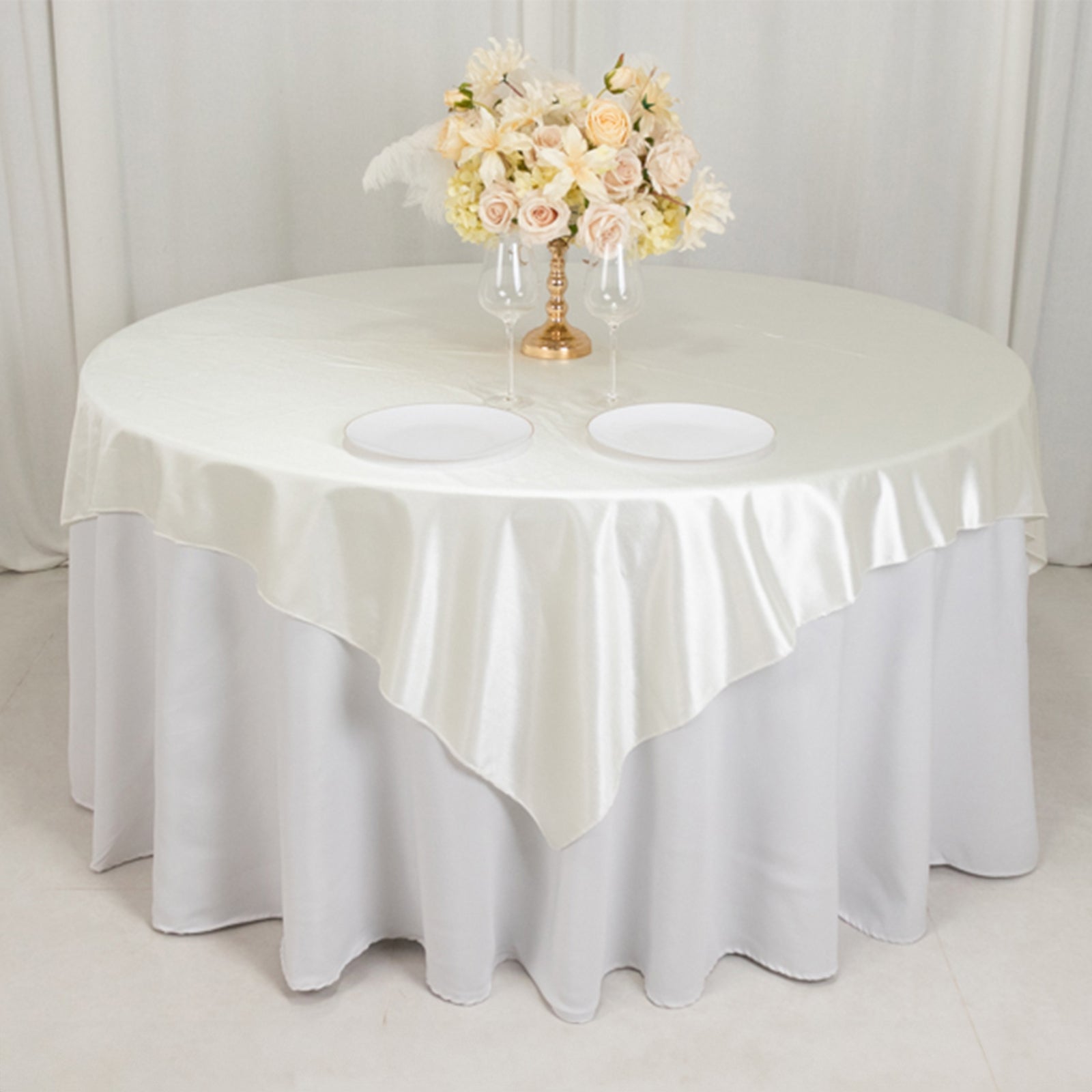 Premium Scuba 70x70 Table Overlay Square Tablecloth Shimmer Pearl White - Wrinkle Free & Stain Resistant Table Cover for Weddings and Parties