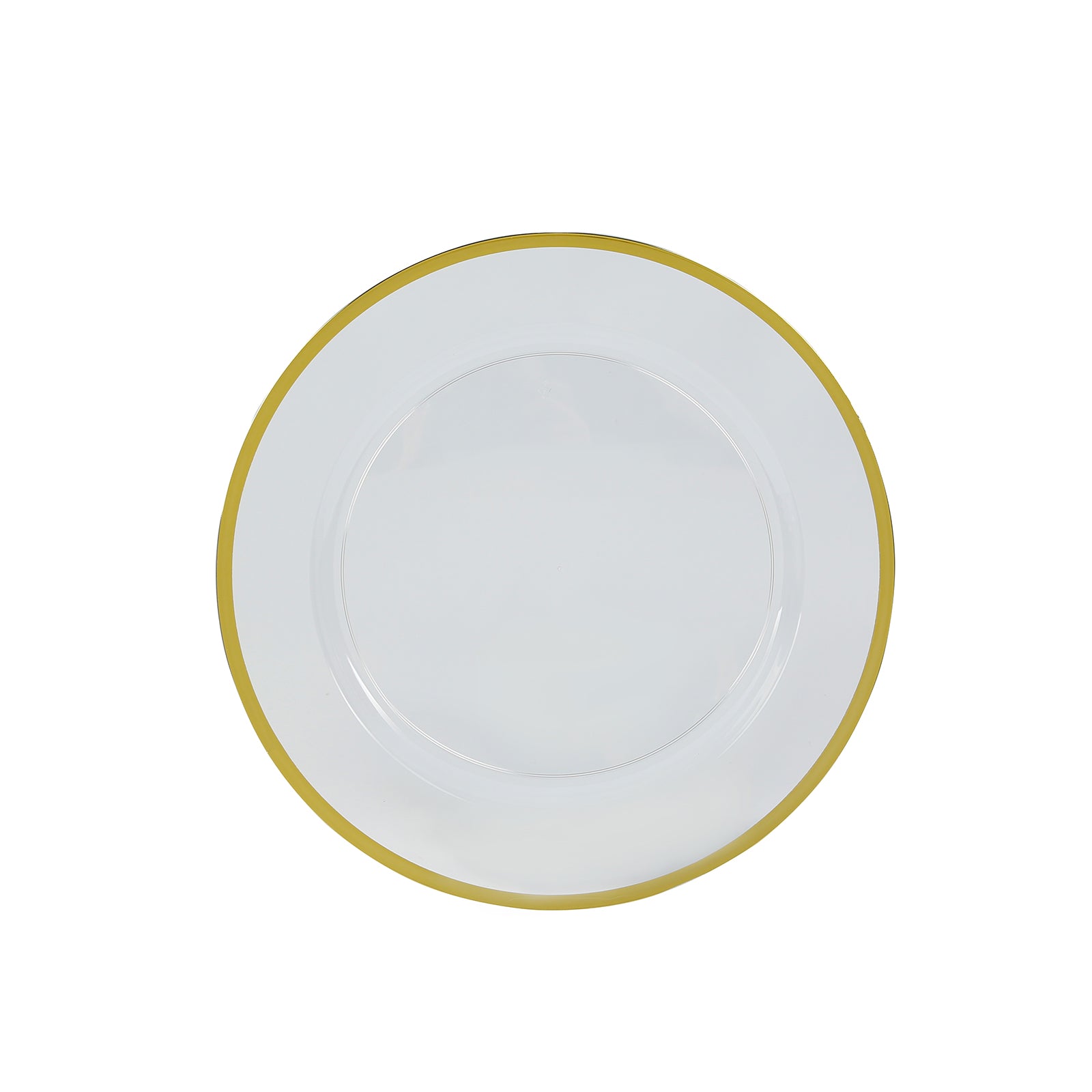 10-Pack Economy Plastic Round Charger Plates 12 in Clear with Wide Gold Rim, Decorative Dinner Party Serving Plates