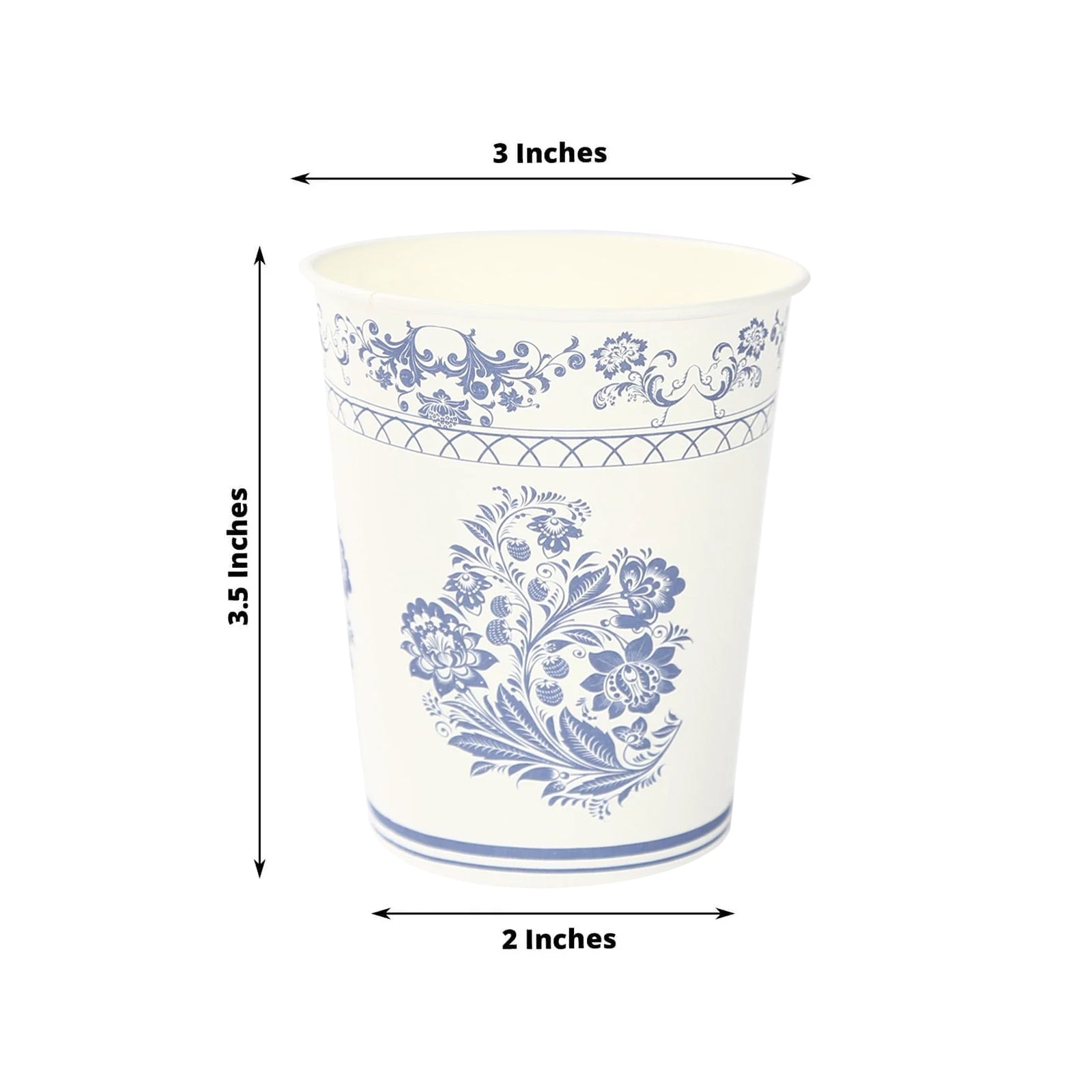 24-Pack Paper Cups in White with Royal Blue Damask Floral Pattern - Stylish Disposable Floral Party Cups for Hot & Cold Beverages 9oz