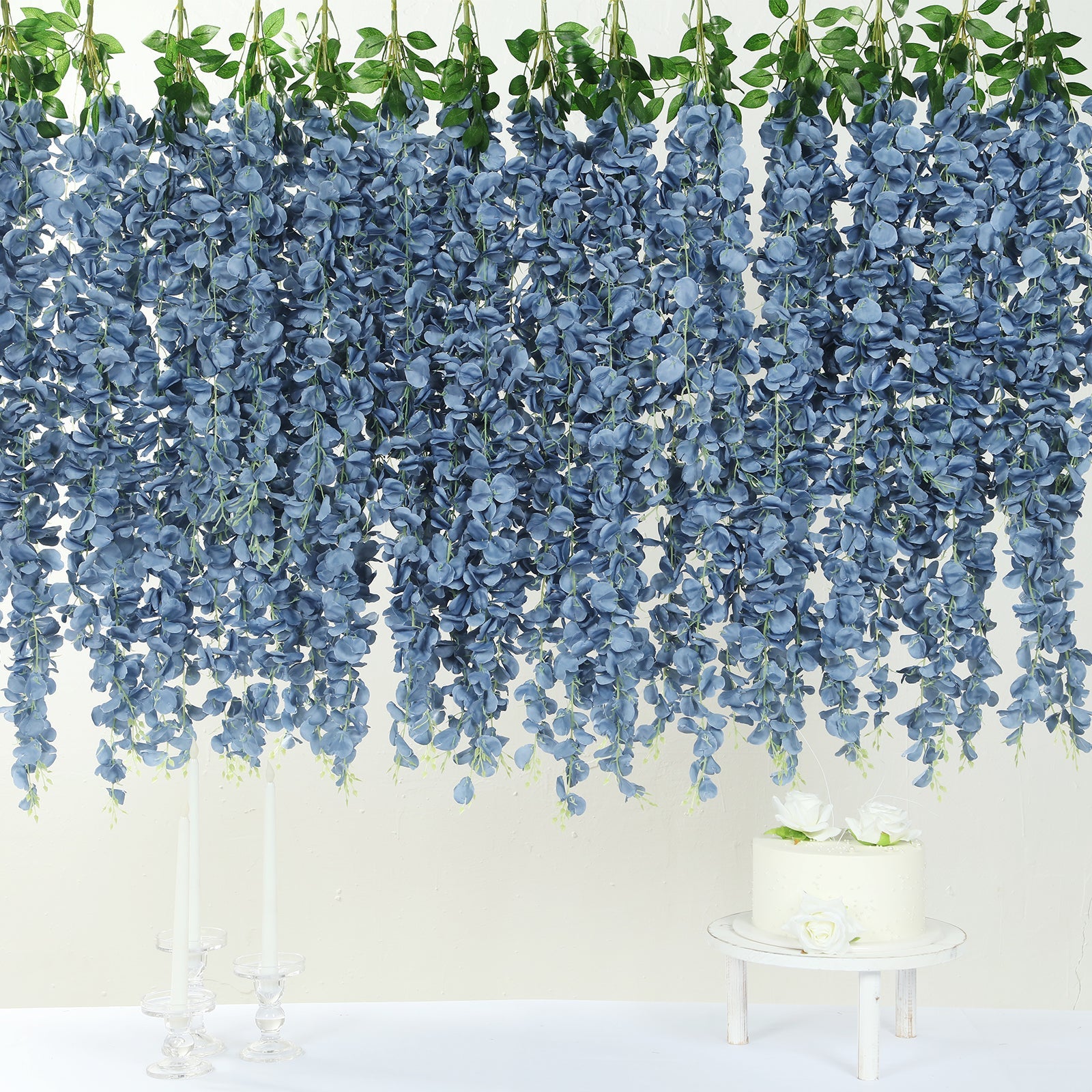 42 Silk Hanging Wisteria Flower Garland Vines in Dusty Blue, Elaborated 5 Full Strands in 1 Bush