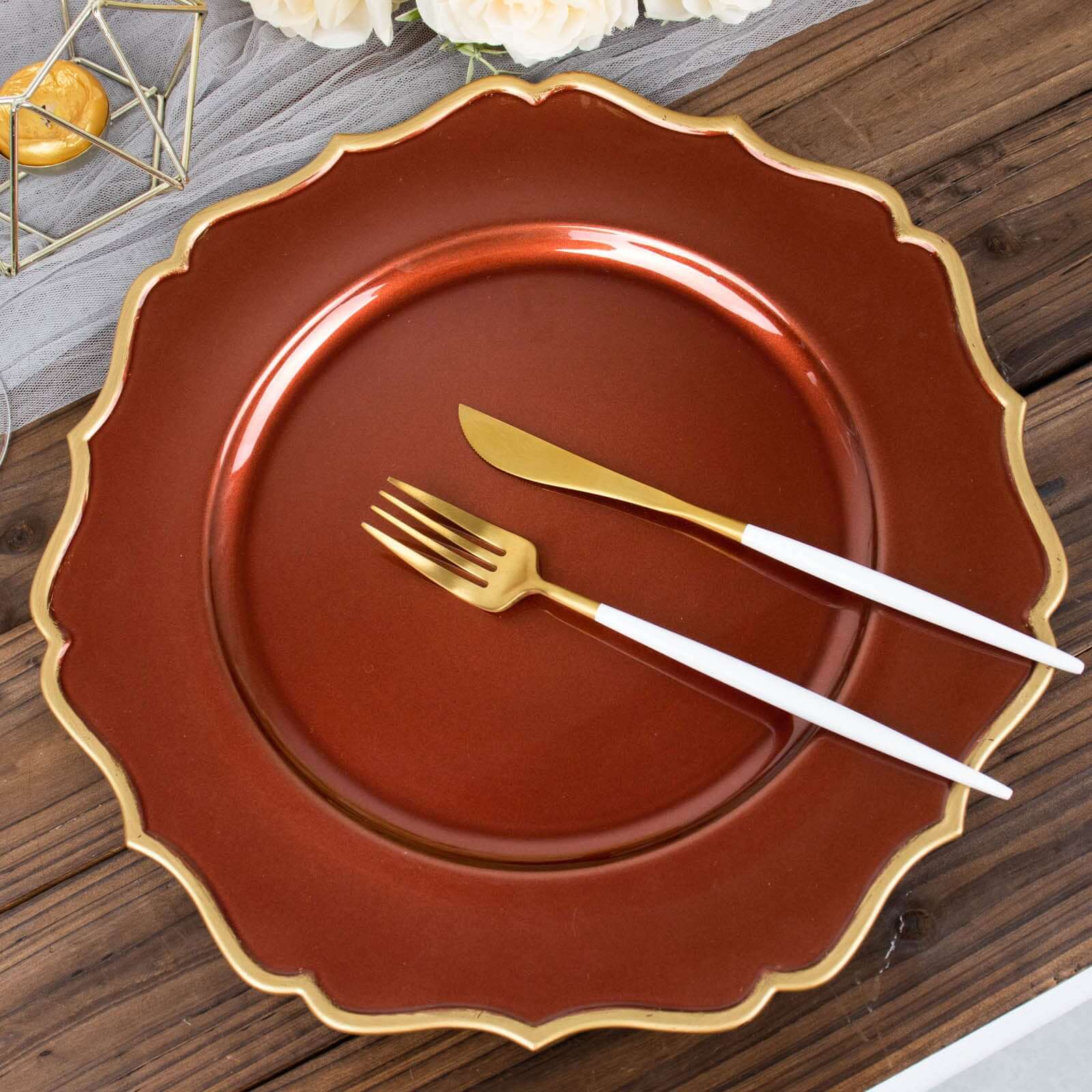 6-Pack Acrylic Round Charger Plates 13 in Terracotta (Rust) with Gold Scalloped Rim, Decorative Dinner Party Plastic Charger Tableware