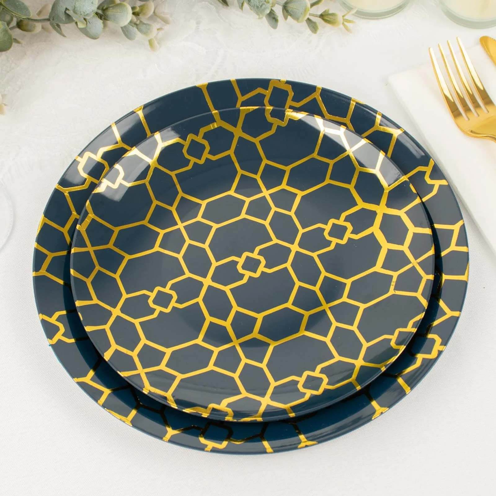 20-Pack Set Plastic Round Dinner and Salad Plates in Navy Blue with Geometric Gold Print - Modern Disposable Dinnerware Set for Weddings & Celebrations 9, 7