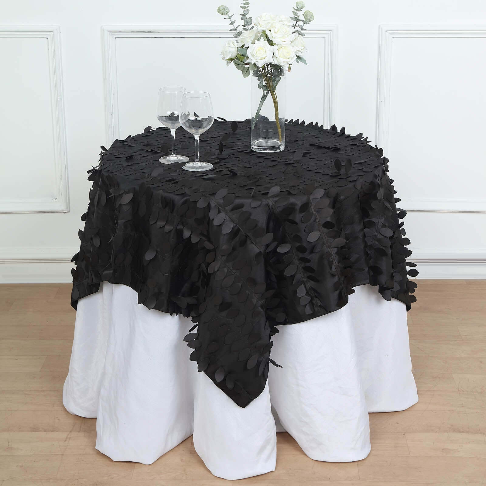 Taffeta 54x54 Table Overlay Square Tablecloth Black 3D Leaf Petal Table Cover