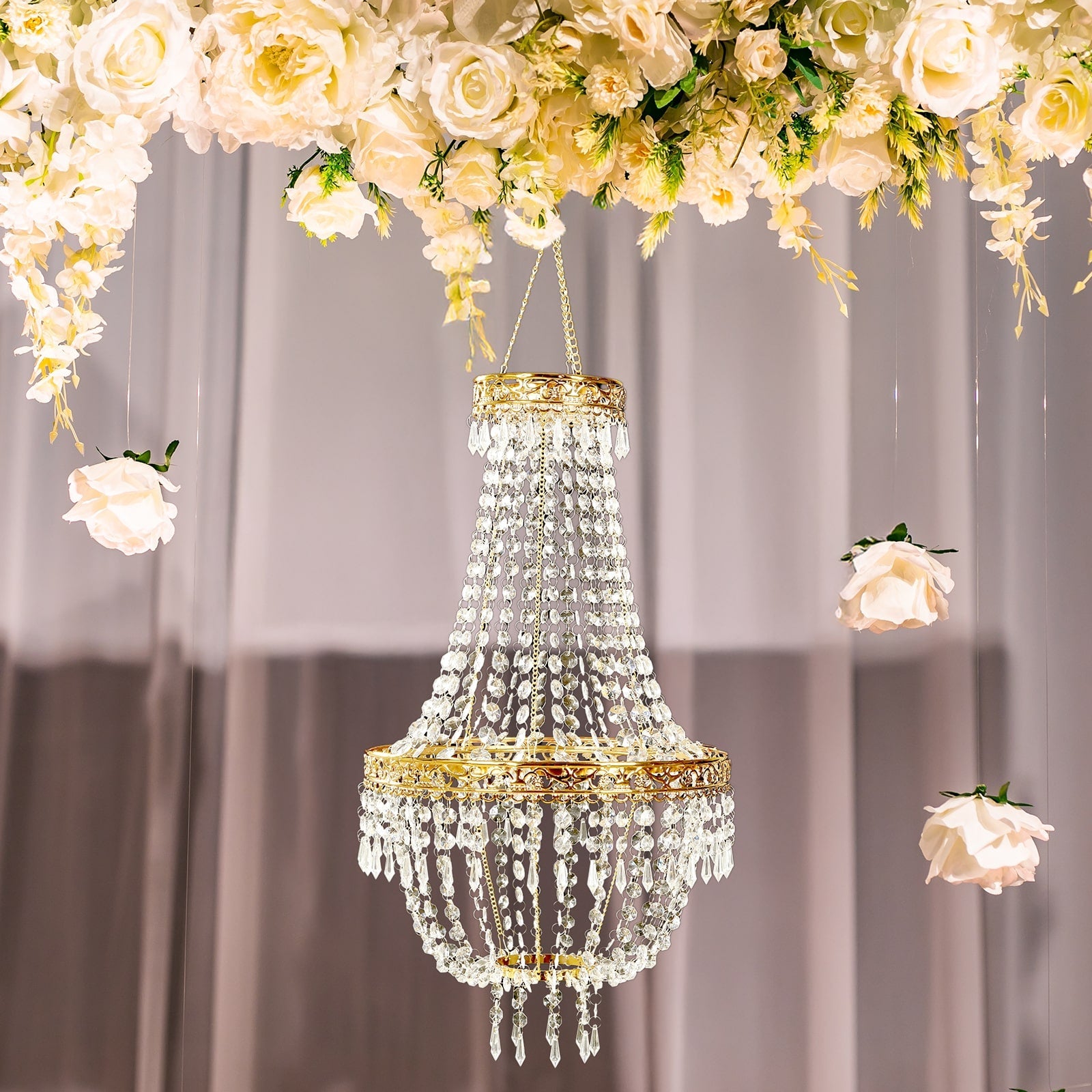 2ft Empire Style Beaded Crystal Chandelier with Gold Ornate Metal Frame, Adjustable Hanging Farmhouse Pendant Ceiling Lighting