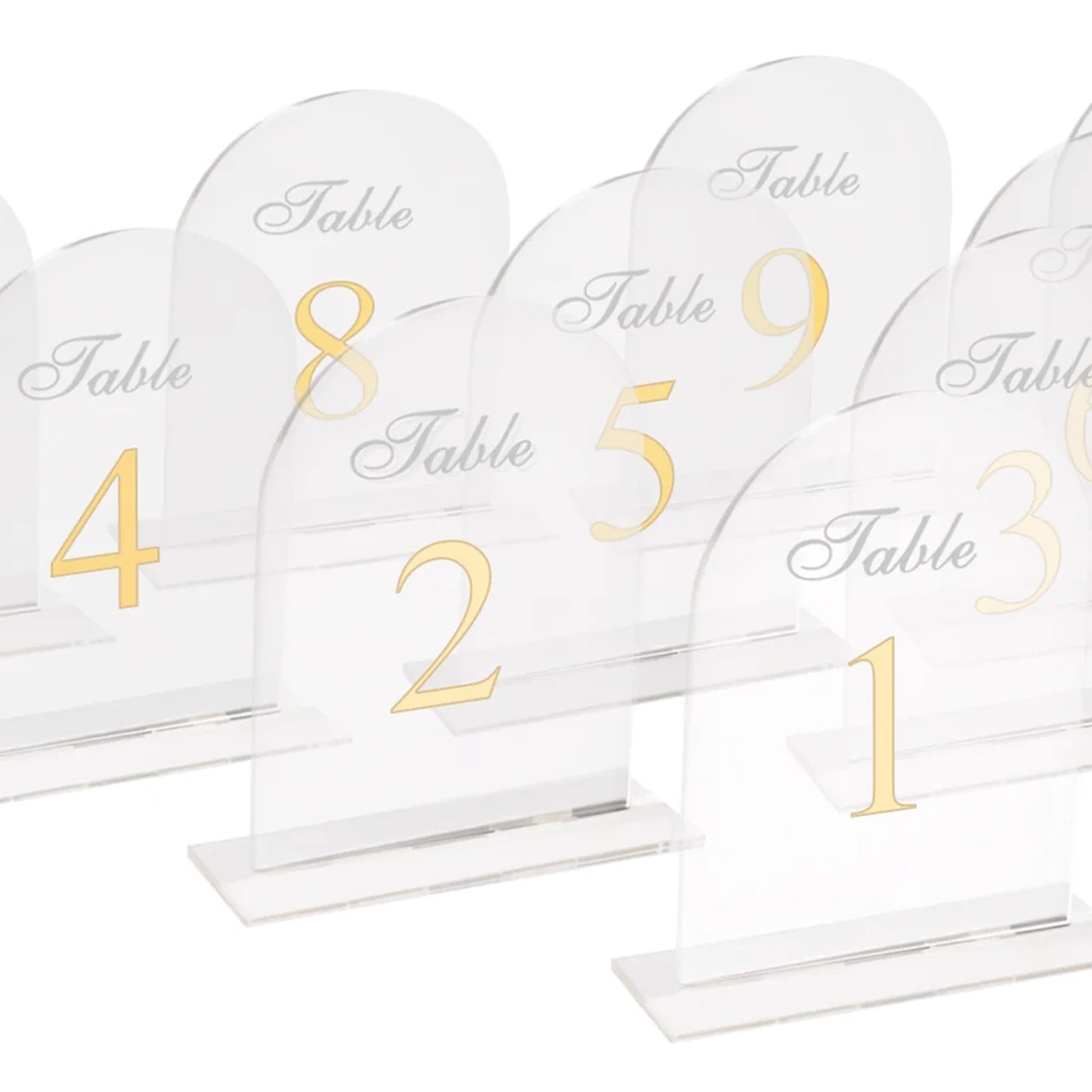 Clear Arch Acrylic Table Numbers (1-10) - 6x7 Wedding Reception Signs with Gold Print & Stands