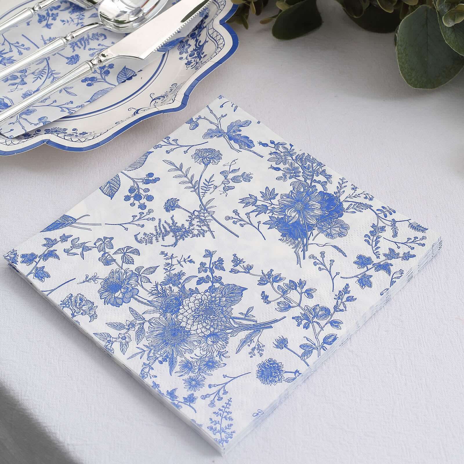 20-Pack Paper Cocktail Napkins with French Toile Print White/Blue - Disposable 2 Ply Beverage Napkins for Events 5x5