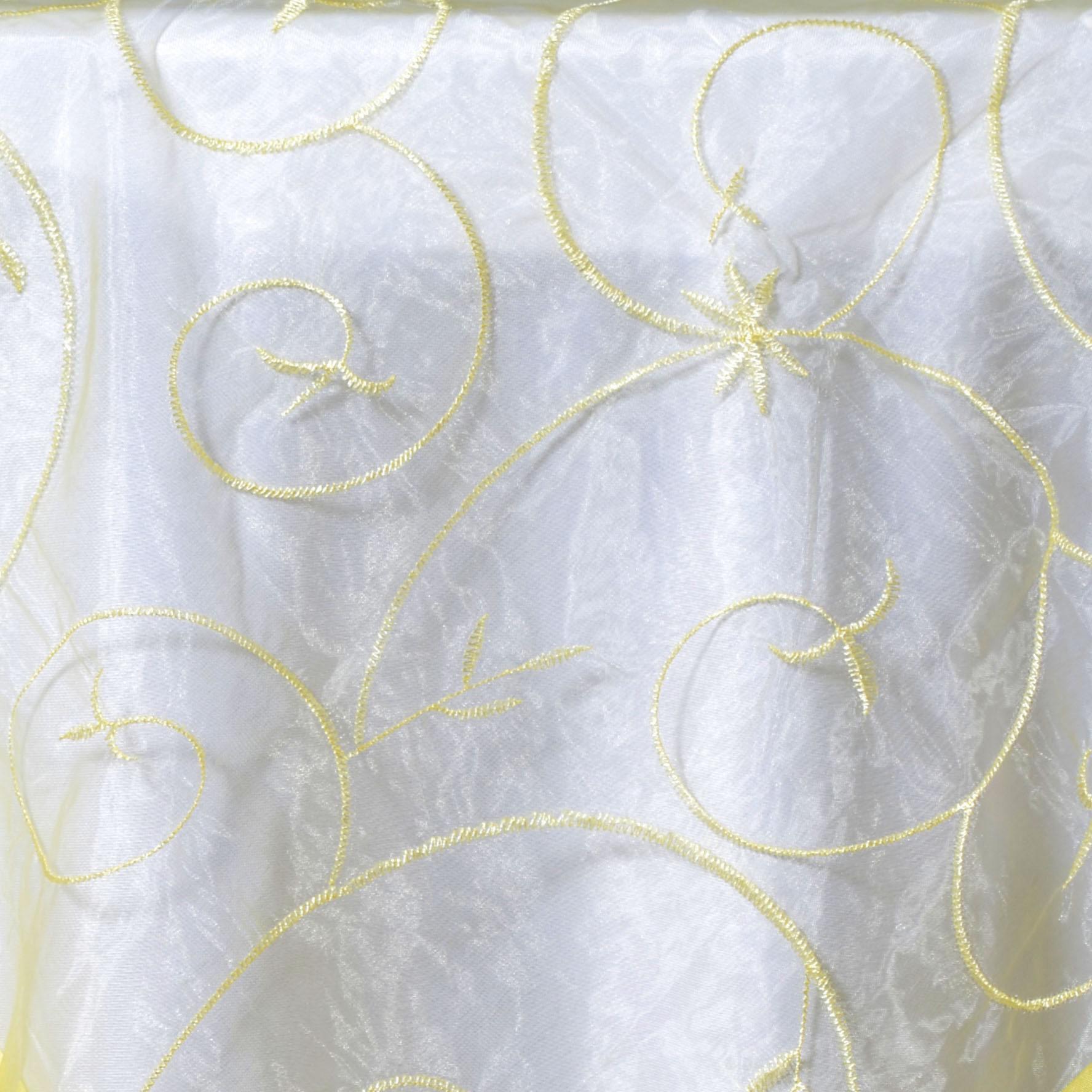 60x60 Yellow Embroidered Sheer Organza Square Table Overlay With Satin Edge