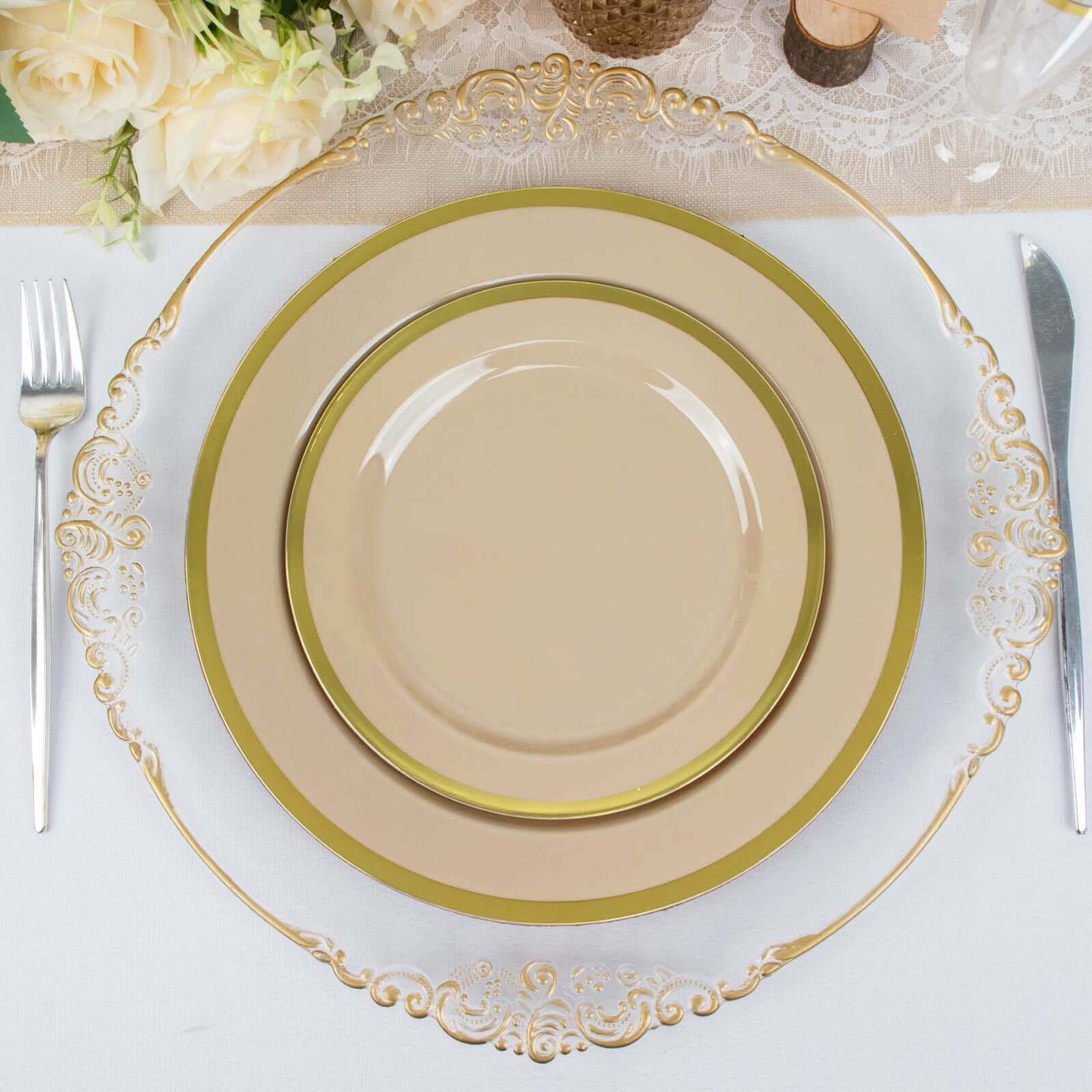 10-Pack Plastic 7 Round Appetizer Plates in Taupe with Gold Rim - Sleek Disposable Salad Plates for Banquets & Special Occasions