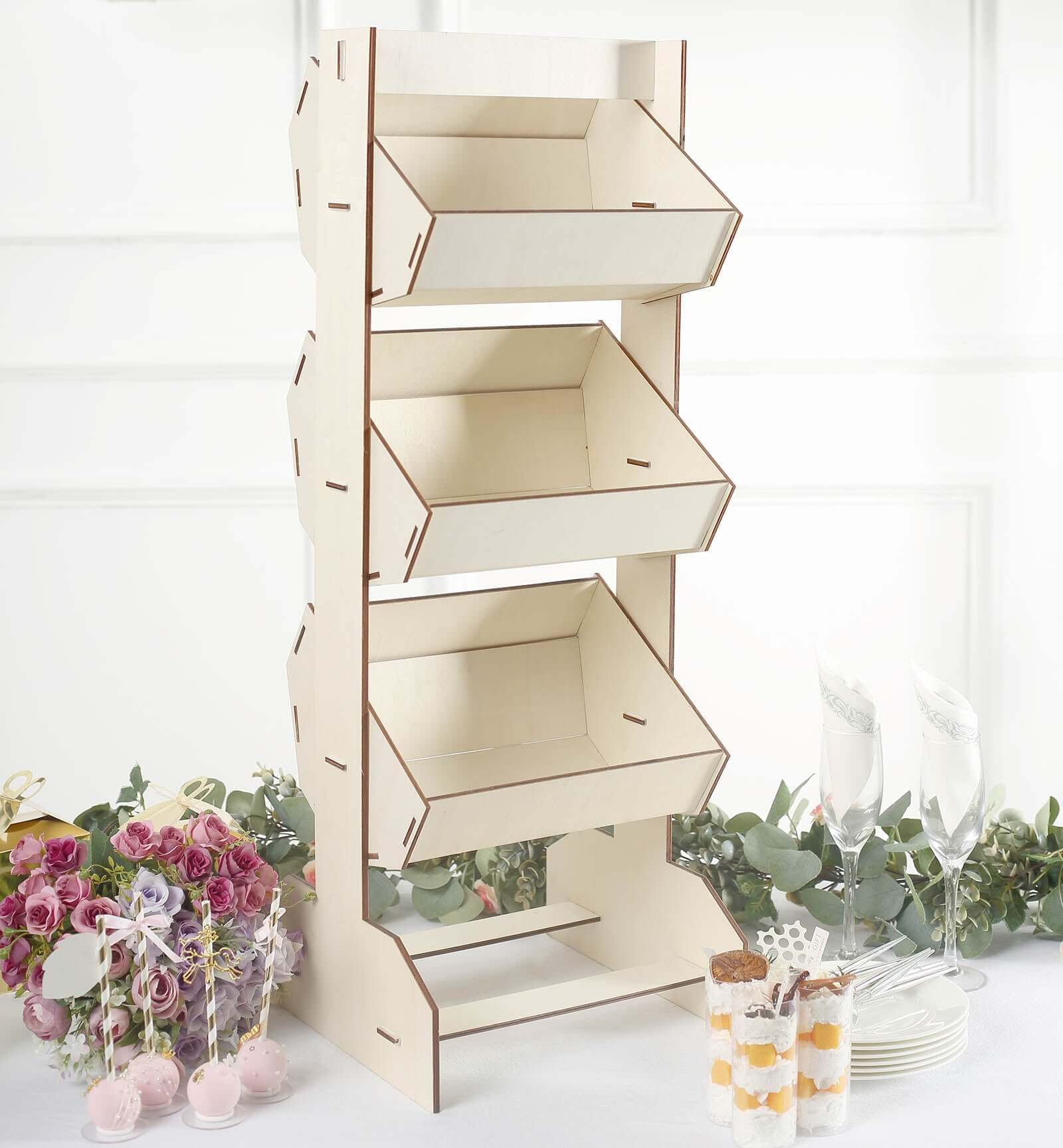 3-Tier Wooden Display Rack Basket Floor Standing Design Natural - Rustic Tabletop Cupcake Dessert Shelf Holder 33