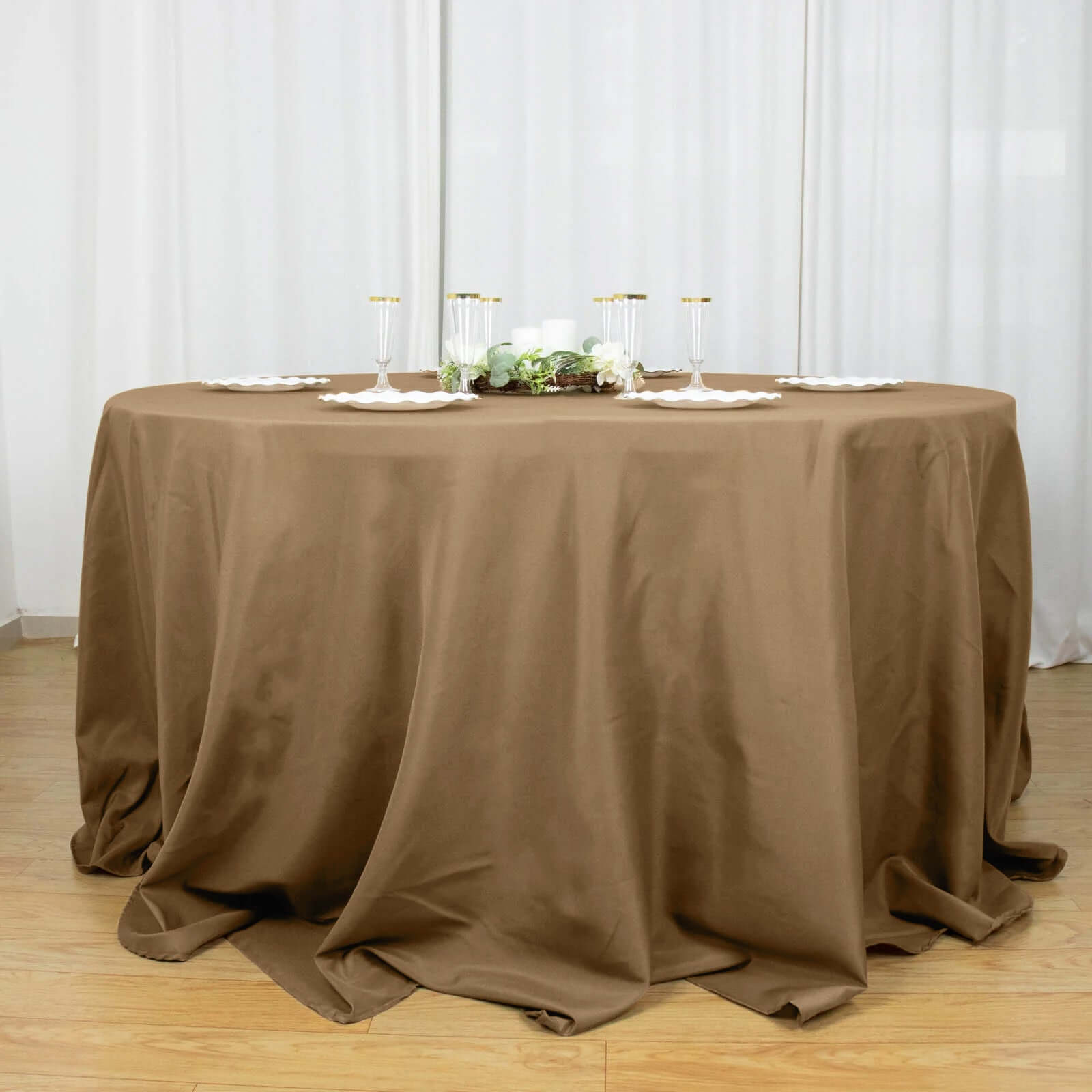 Polyester 132 Round Tablecloth Taupe - Seamless Chic Table Cover