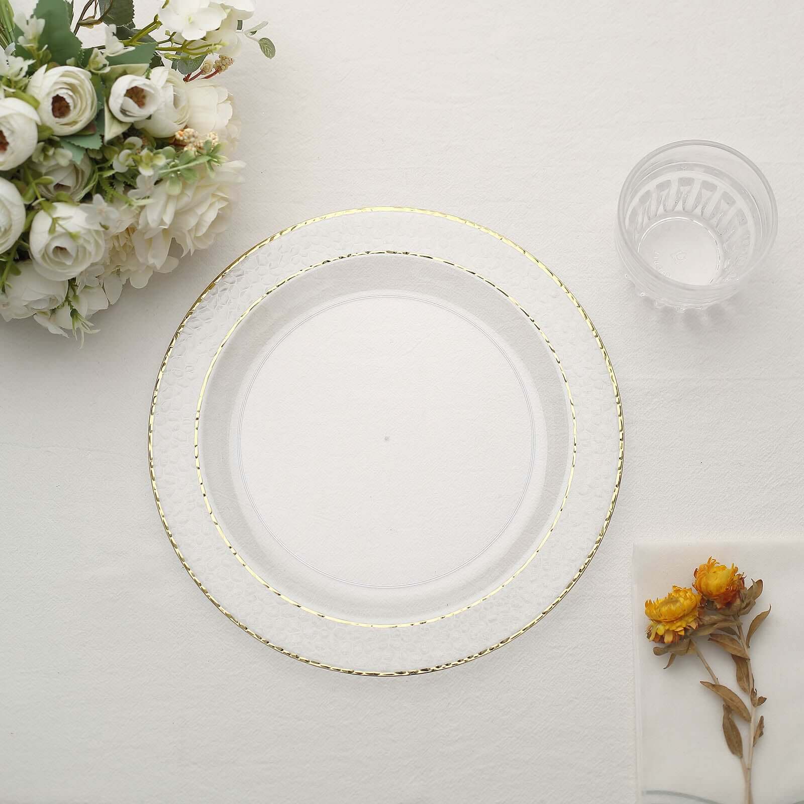 10-Pack Plastic 10 Round Dinner Plates in Clear Hammered Design with Gold Rim - Disposable Party Plates for Chic Banquets & Special Occasions