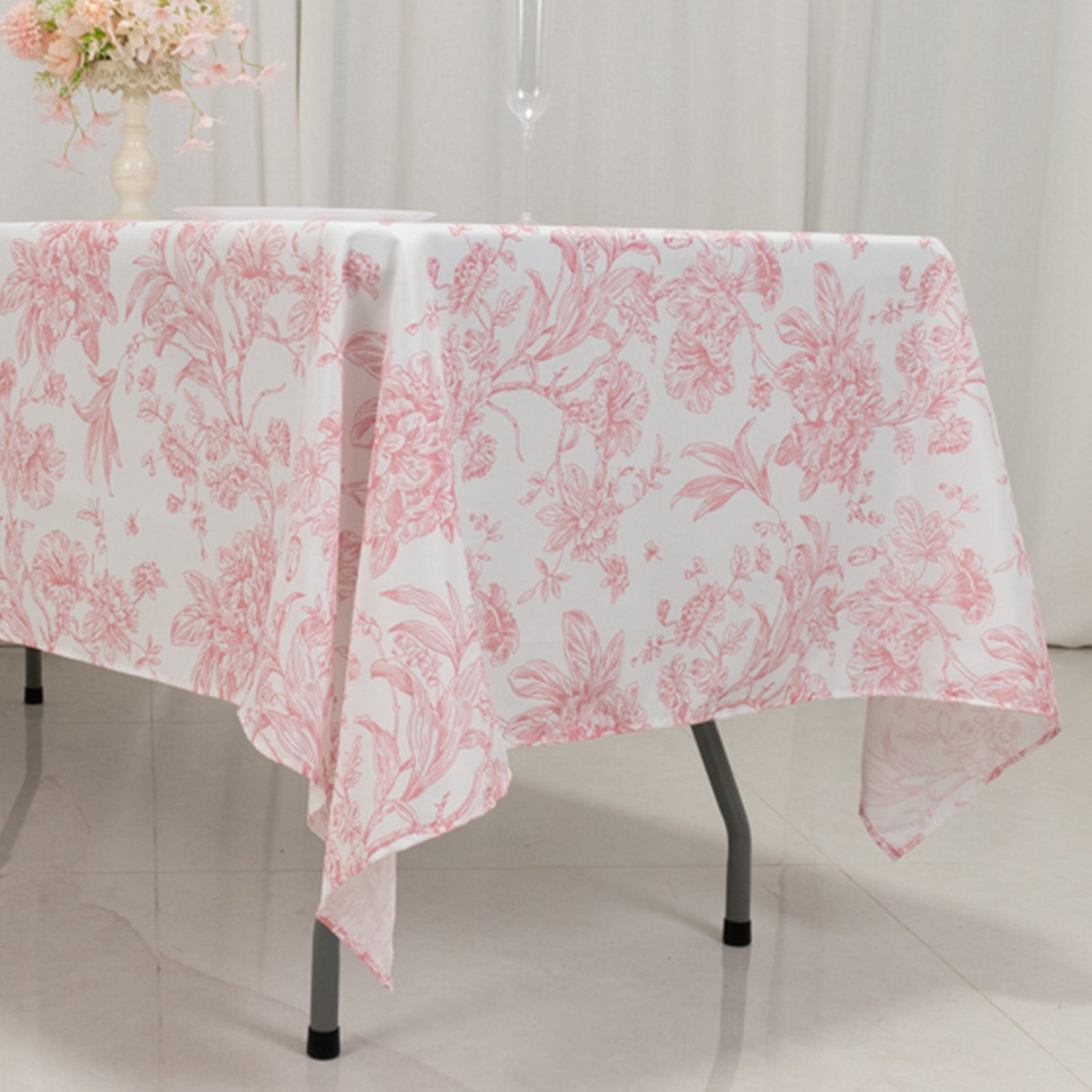 Polyester 60x102 Rectangle Tablecloth White - Pink French Toile Pattern for Modern Occasions
