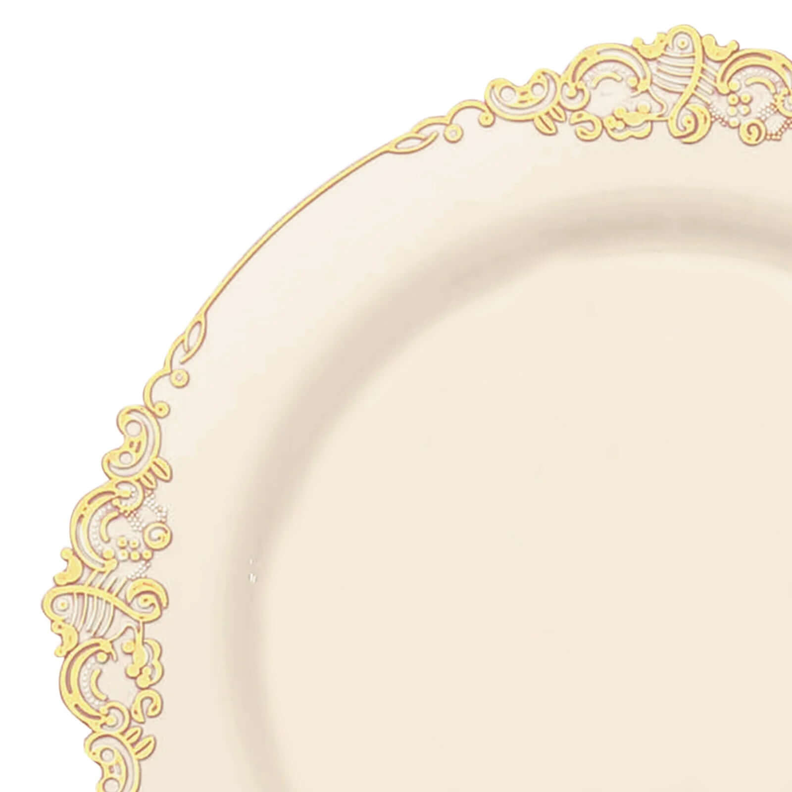 10-Pack Plastic 10 Round Dinner Plates in Ivory with Gold Leaf Embossed Rim - Disposable Vintage Baroque Style Plates