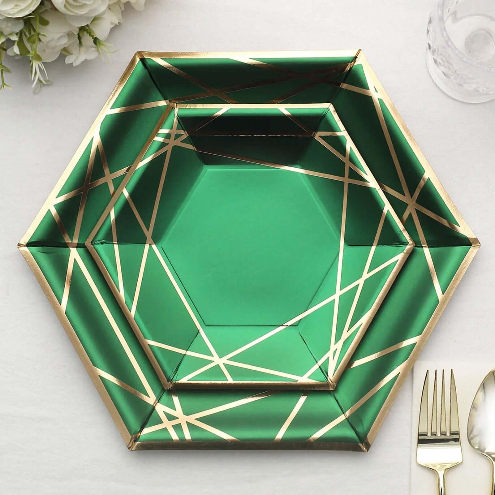 25-Pack Paper 7 Hexagon Dessert Plates in Hunter Emerald Green with Gold Geometric Lines & Rim - Stylish Disposable Geometric 300GSM Appetizer Salad Plates