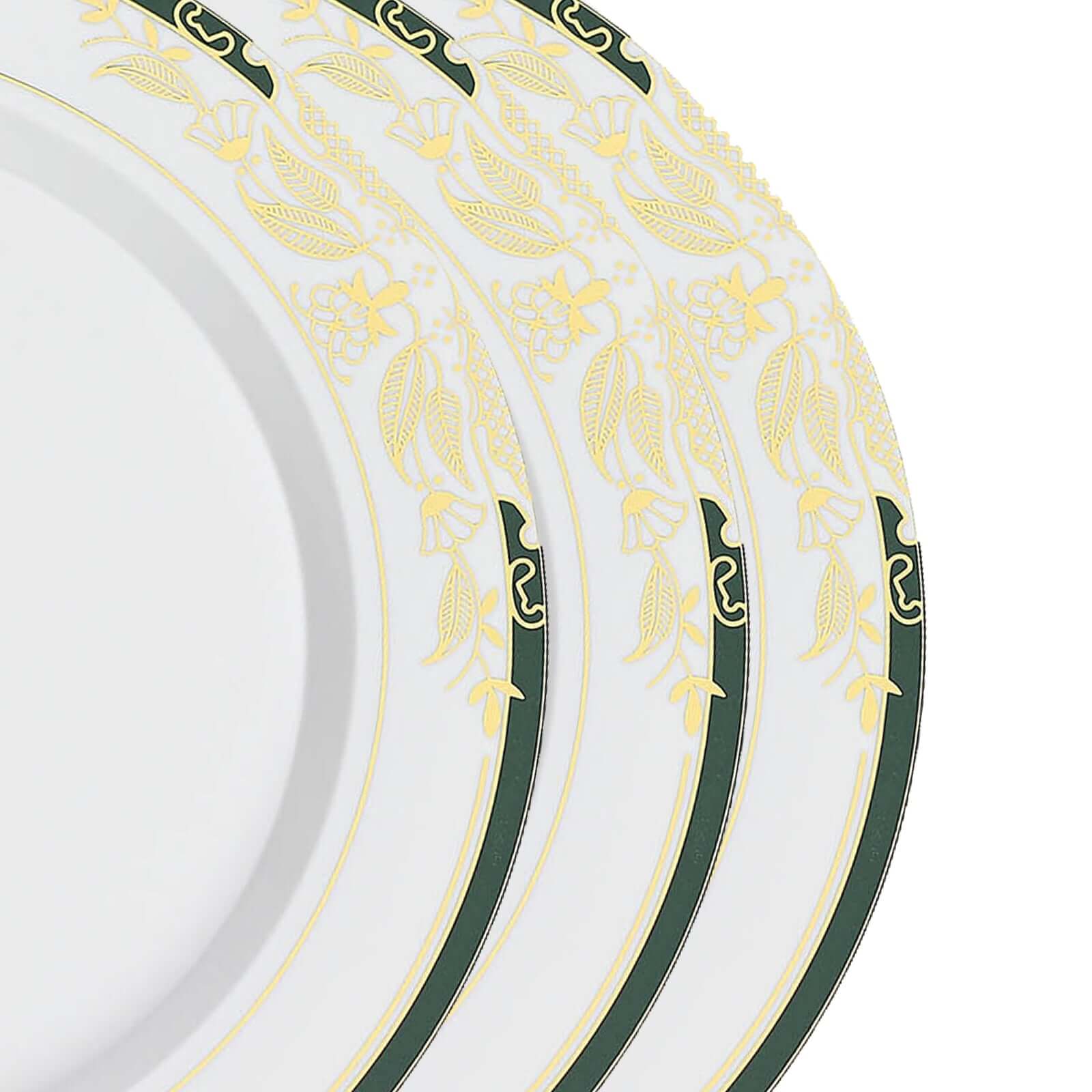 10-Pack Plastic 8 Round Dessert Plates in White with Hunter Emerald Green Rim - Stylish Gold Vine Design Disposable Salad/Appetizer Plates for Special Occasions & Celebrations