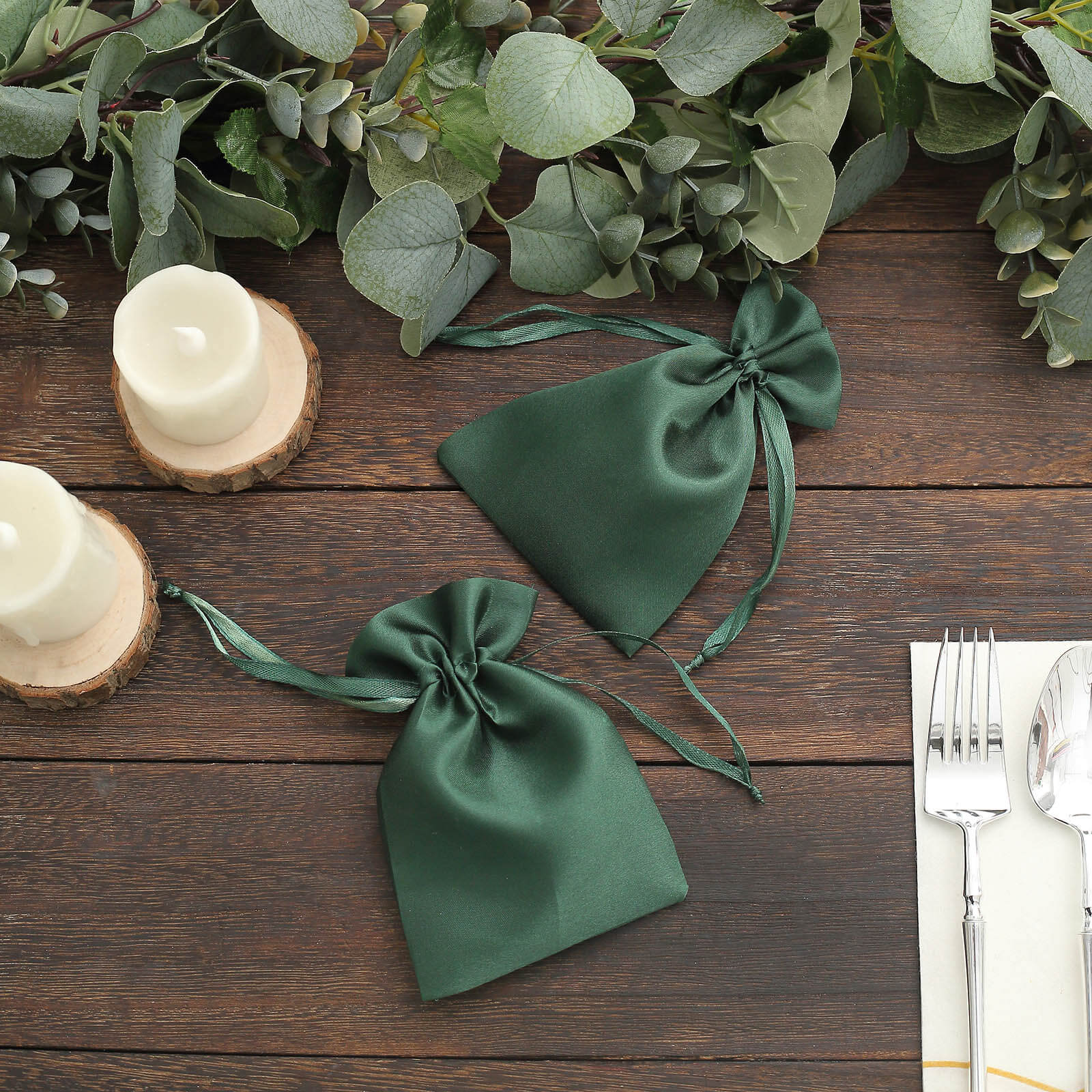 12 Pack 4x6 Hunter Emerald Green Satin Wedding Party Favor Bags, Drawstring Pouch Gift Bags