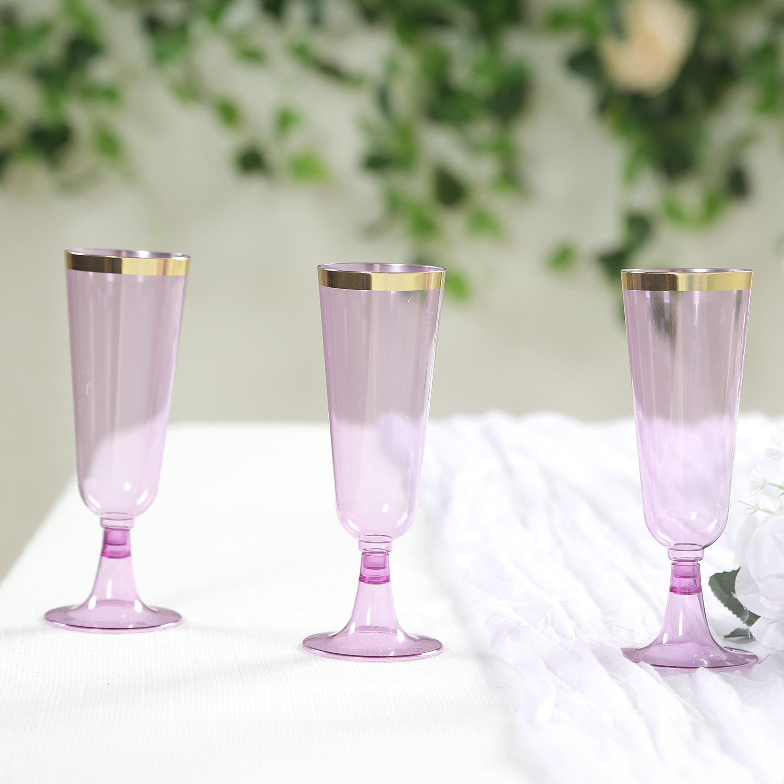 12-Pack Plastic Champagne Flutes Transparent Purpler with Gold Rim - Stylish Disposable Cocktail Glasses for Parties 5oz 6