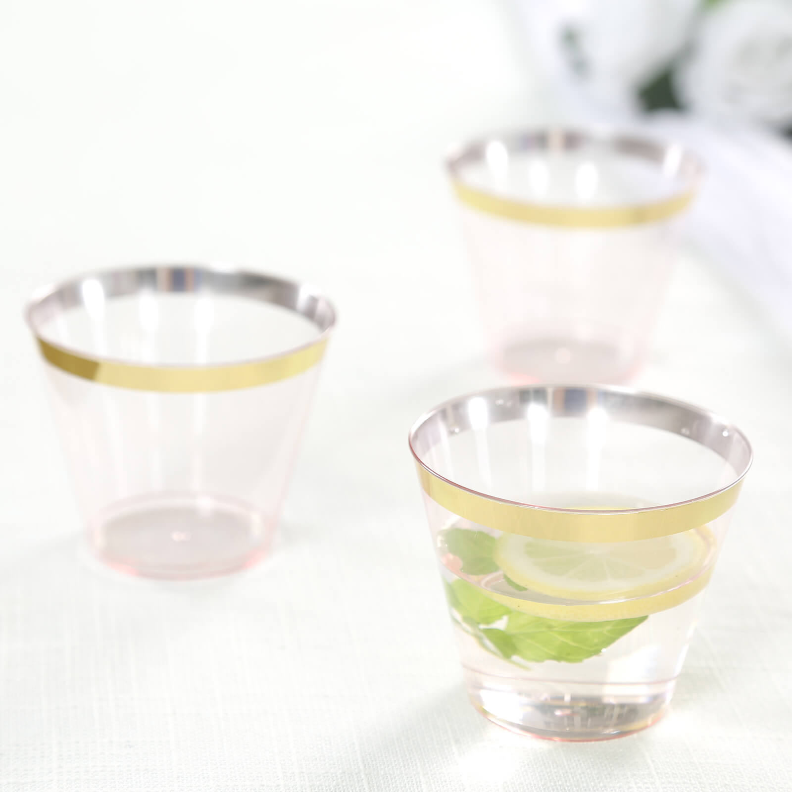 25-Pack Plastic Party Cups Transparent Blush Crystal with Gold Rim - Stylish Short Disposable Glasses 9oz