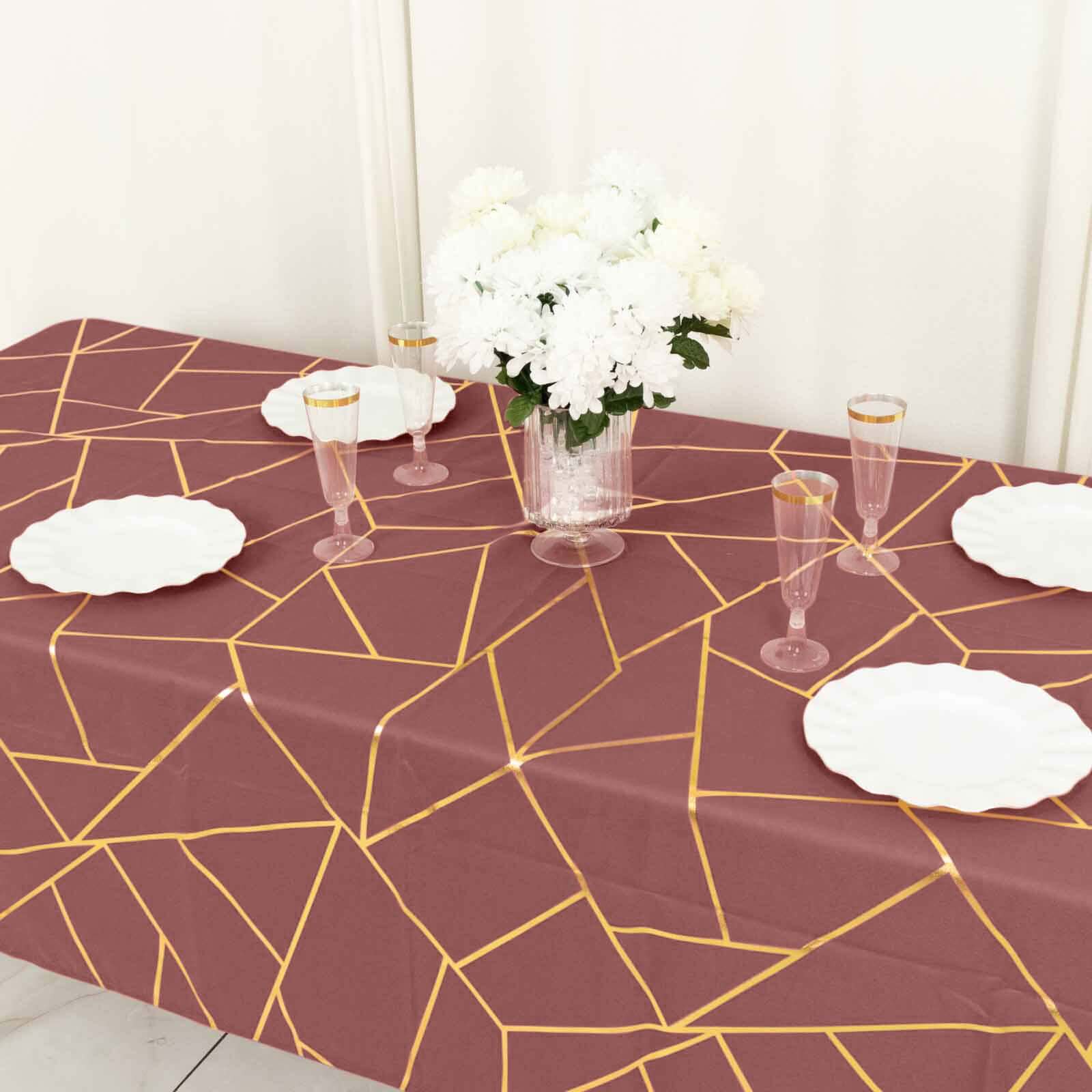 Polyester 60x102 Rectangle Tablecloth Cinnamon Rose with Gold Foil Geometric Pattern - Wrinkle-Resistant & Durable Table Cover