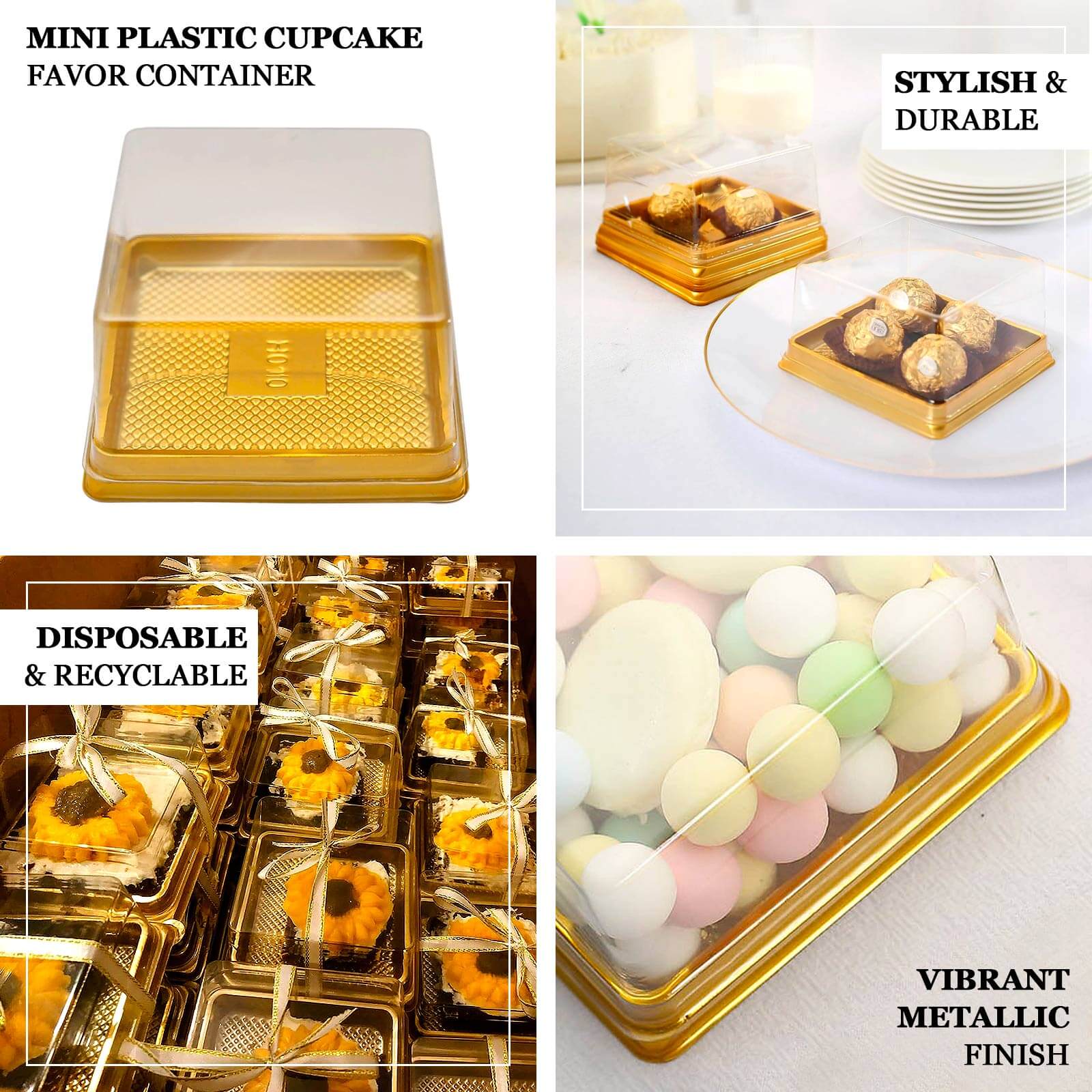 50 Pack Clear Gold Square Mini Plastic Cupcake Party Favor Boxes, Muffin Dessert Containers - 4x4x2.5