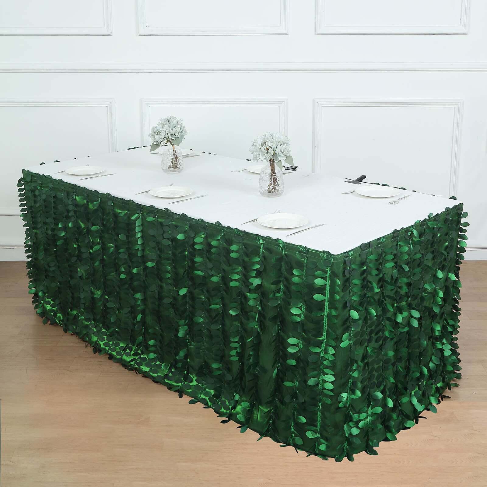 Taffeta Fabric 17ft Table Skirt Green 3D Leaf Petal Design - Exquisite & Stylish Event Table Cover