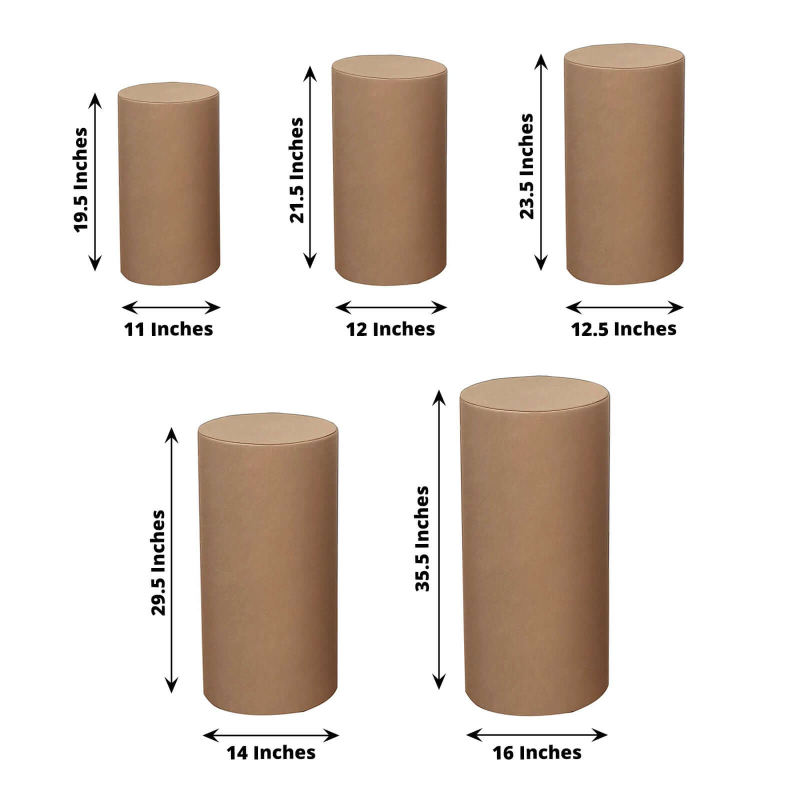 Set of 5 Taupe Spandex Cylinder Pedestal Stand Covers, Stretchable Pillar Prop Covers - 160 GSM