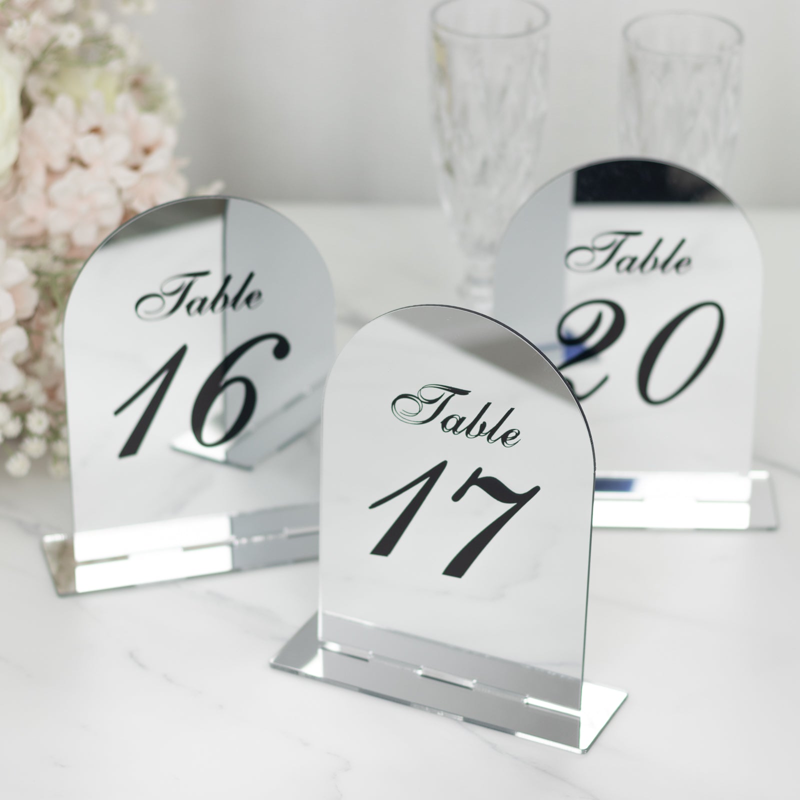 Silver Mirror Arch Acrylic Table Numbers (11-20) - 6x7 Wedding Reception Signs with Black Print & Stands